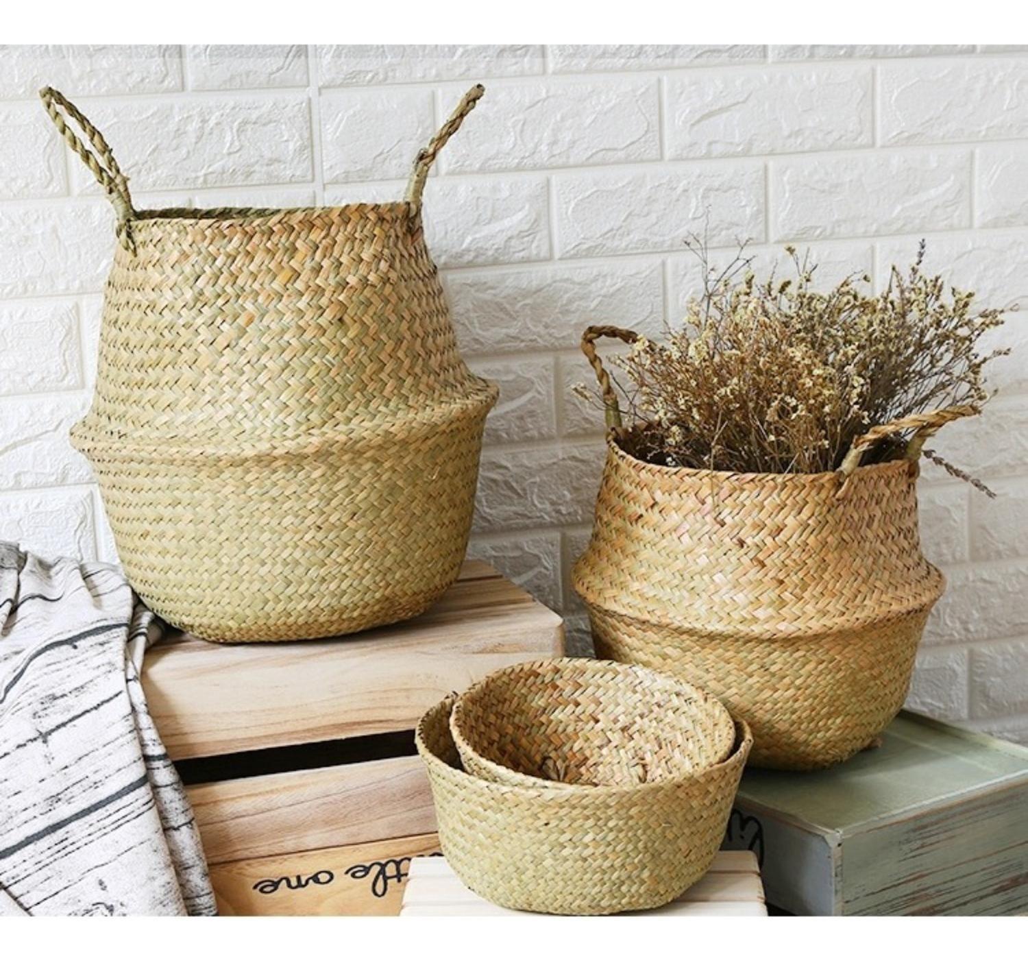 Macetero Cesto Maceta De Mimbre Tejida Plegable Con Asas-8