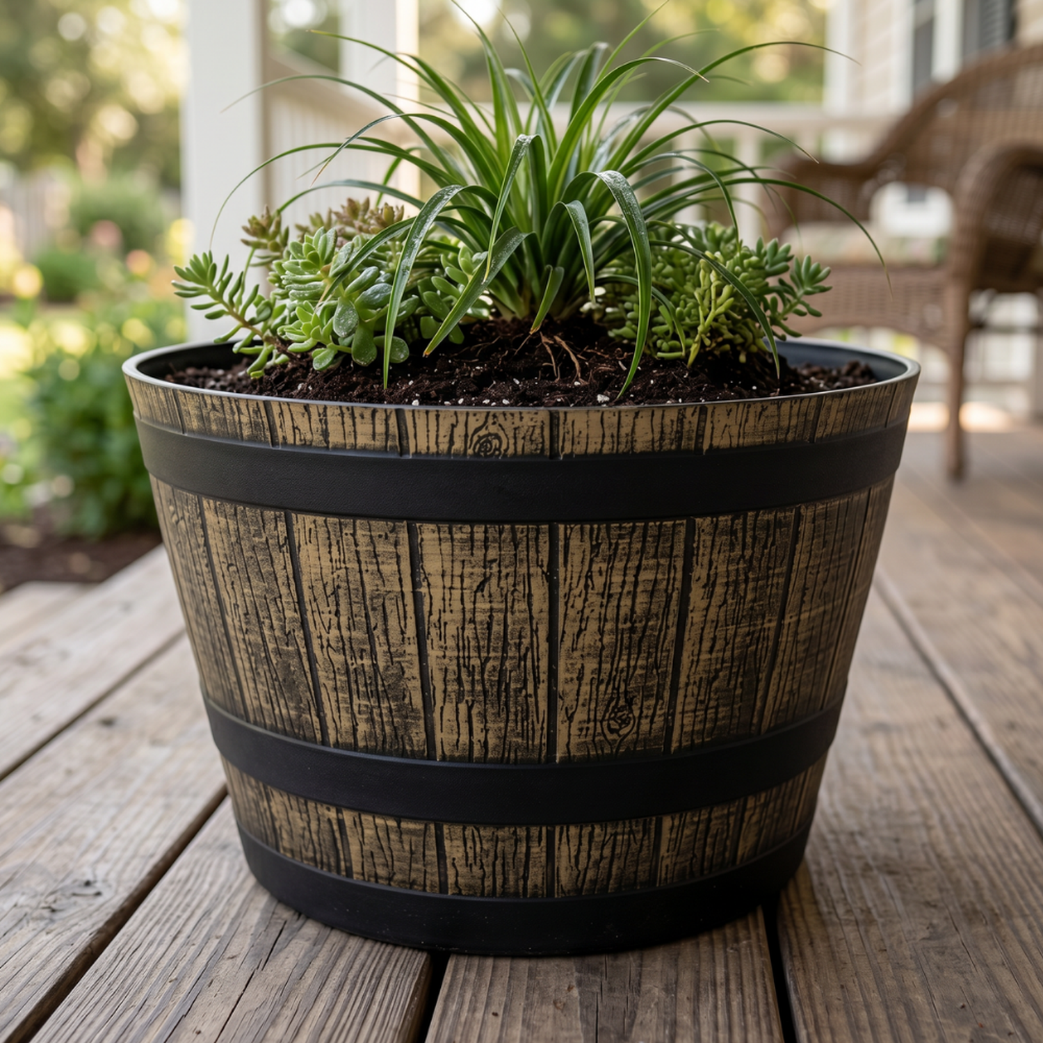 Macetero Plastico Diseño Efecto Barril De Madera Maceta L-2