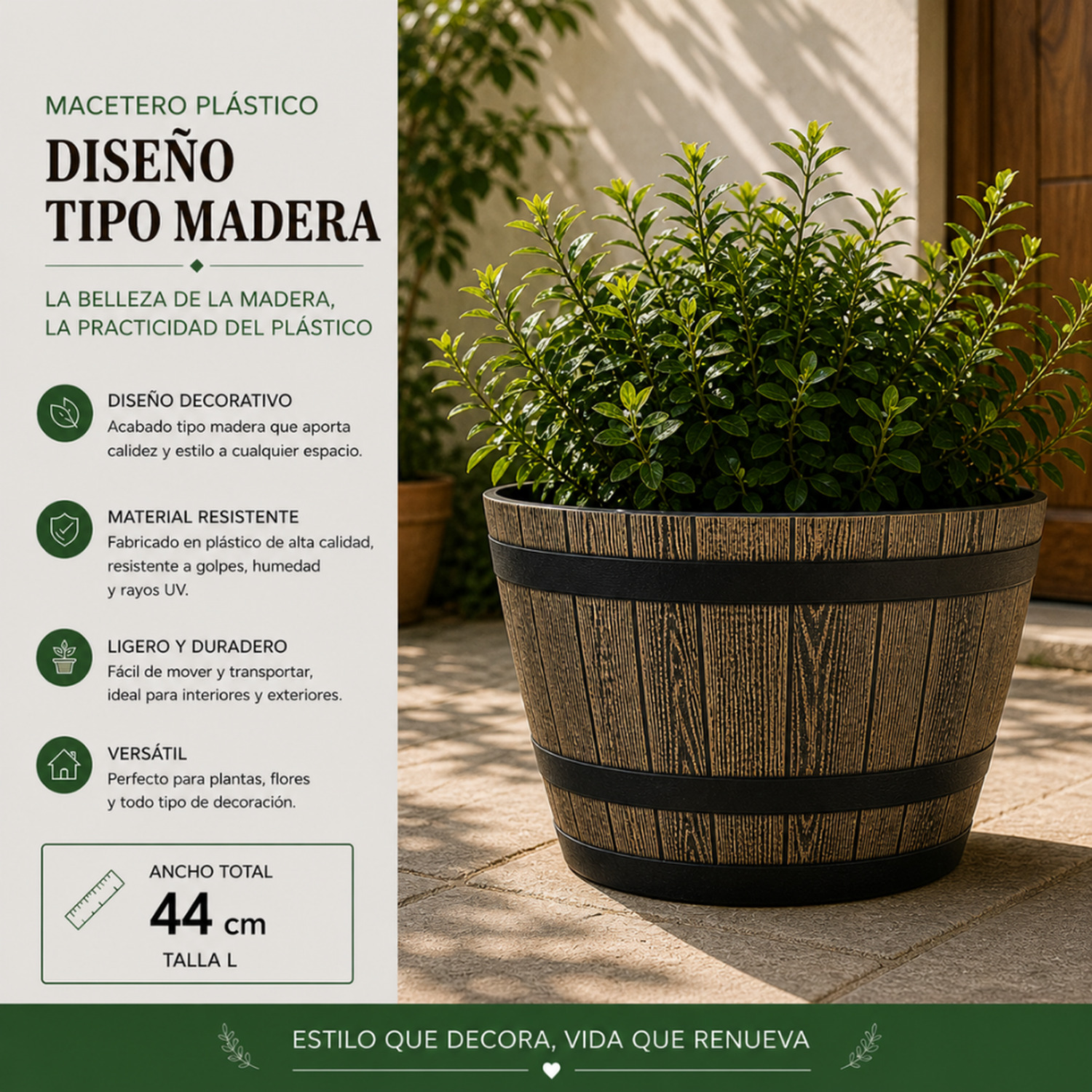 Macetero Plastico Diseño Efecto Barril De Madera Maceta L-3