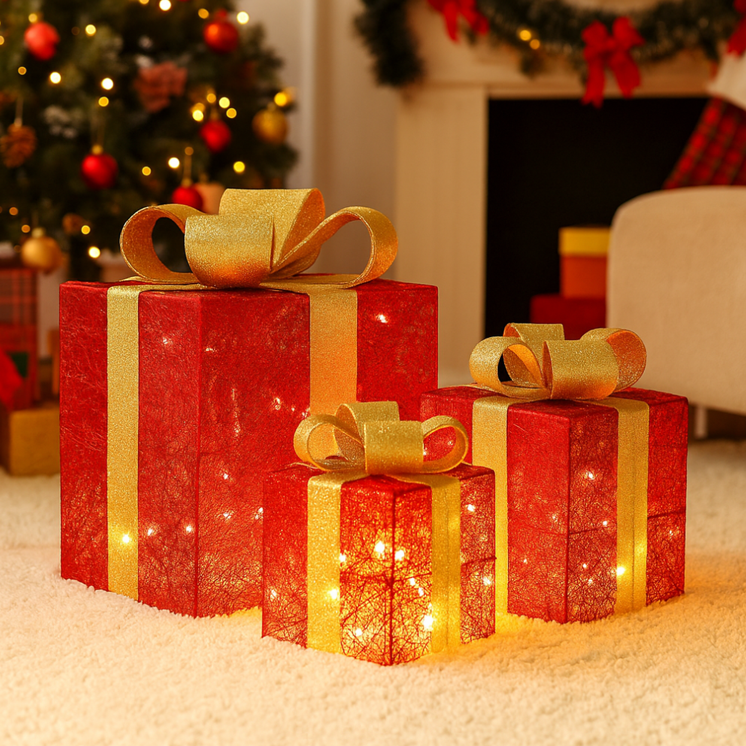 Set 3 Cajas de Regalo Navidad Decorativas Con Luces Adorno-2