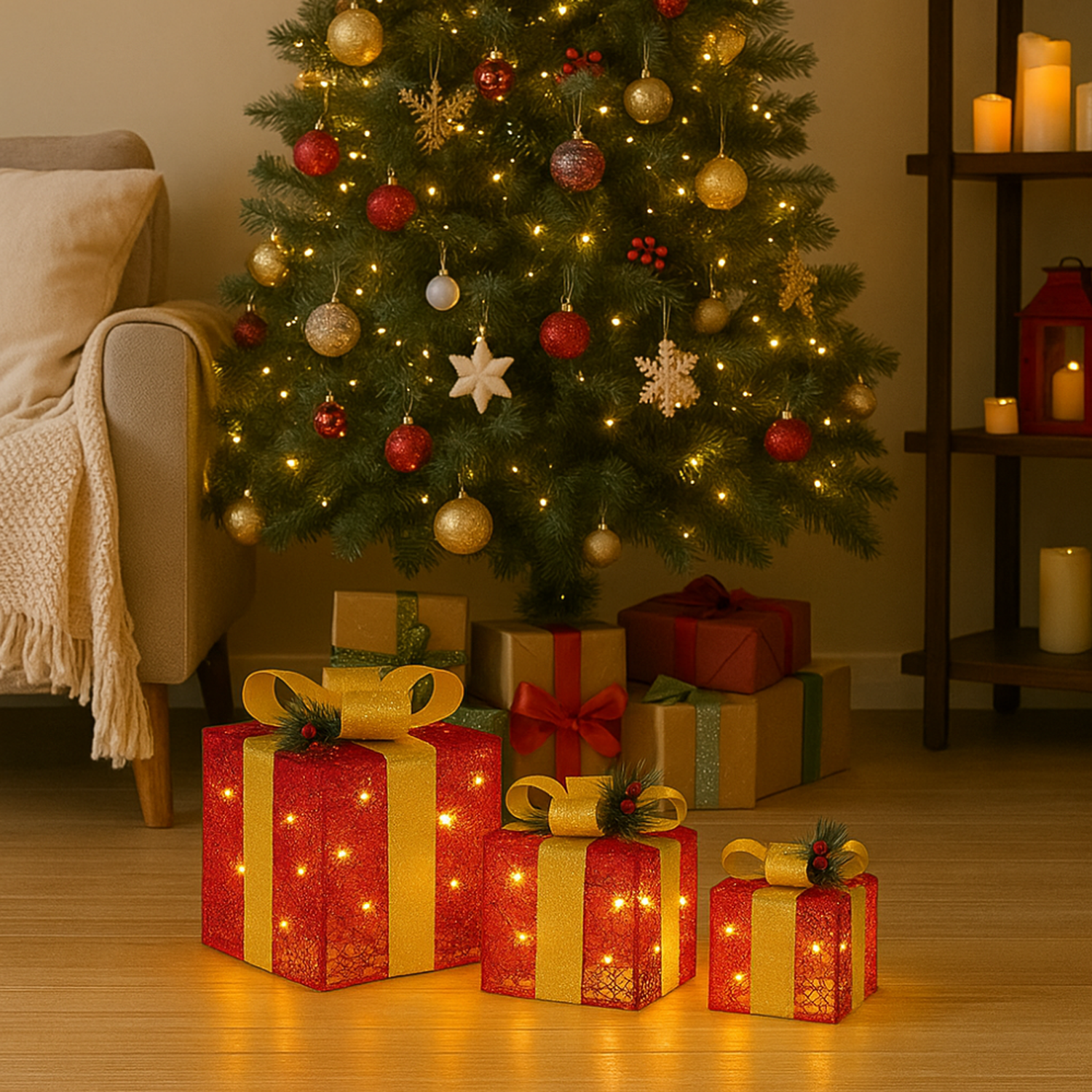 Set 3 Cajas de Regalo Navidad Decorativas Con Luces Adorno-3