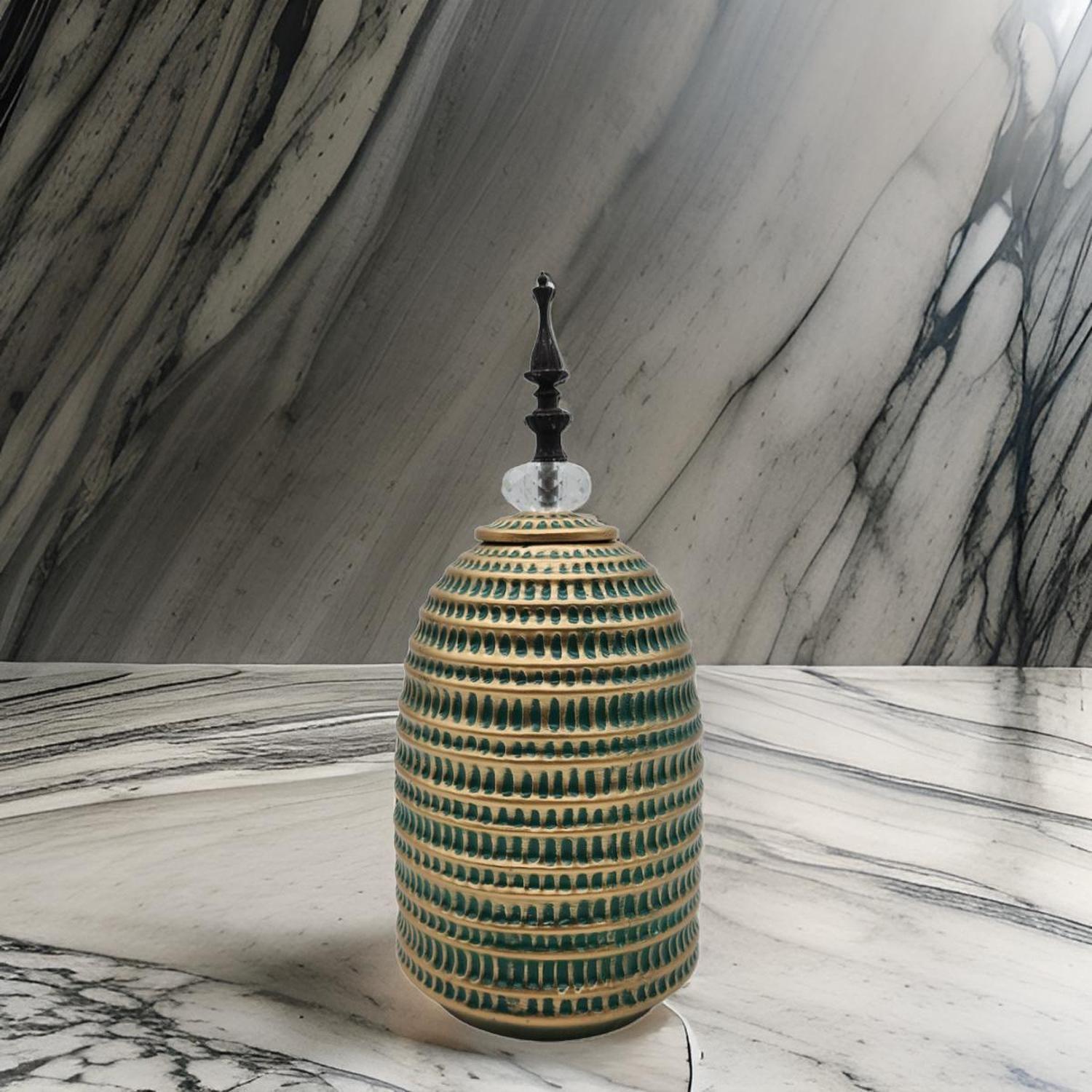 Jarron Florero Ceramica Decorativo Verde Con Dorado Egipcio-2