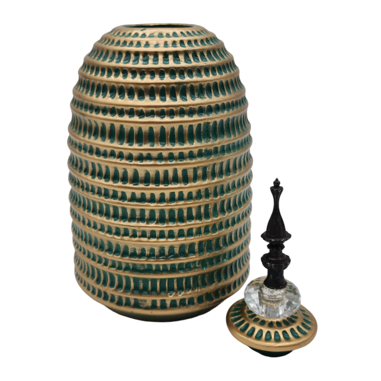 Jarron Florero Ceramica Decorativo Verde Con Dorado Egipcio-4