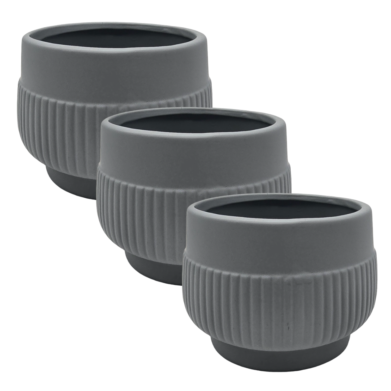 Set 3 Macetero Maceta Acabado Mate Gris Con Lineas Relieve-0