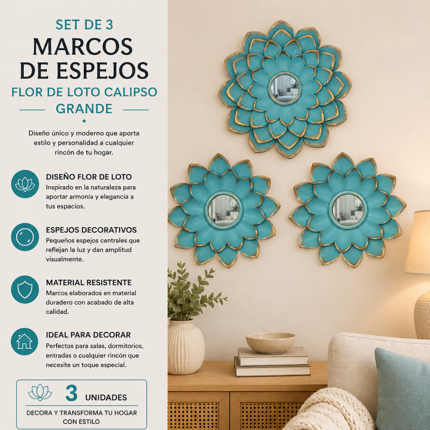 Set 3 Marcos De Espejos Flor De Loto Calipso Deco Grande-3