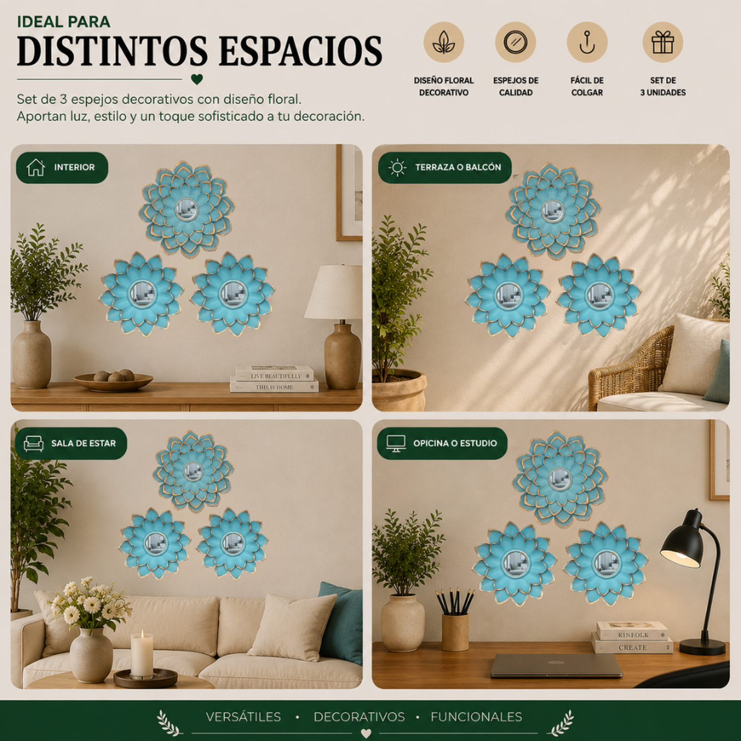 Set 3 Marcos De Espejos Flor De Loto Calipso Deco Grande-5