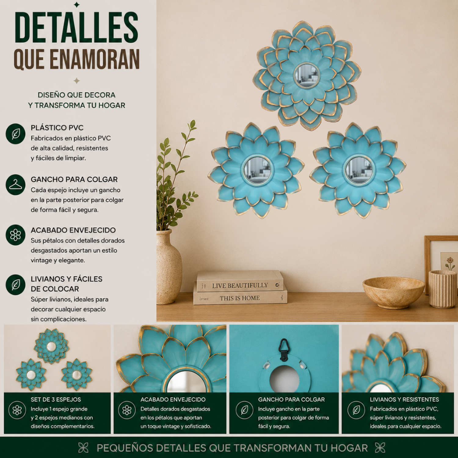 Set 3 Marcos De Espejos Flor De Loto Calipso Deco Grande-7