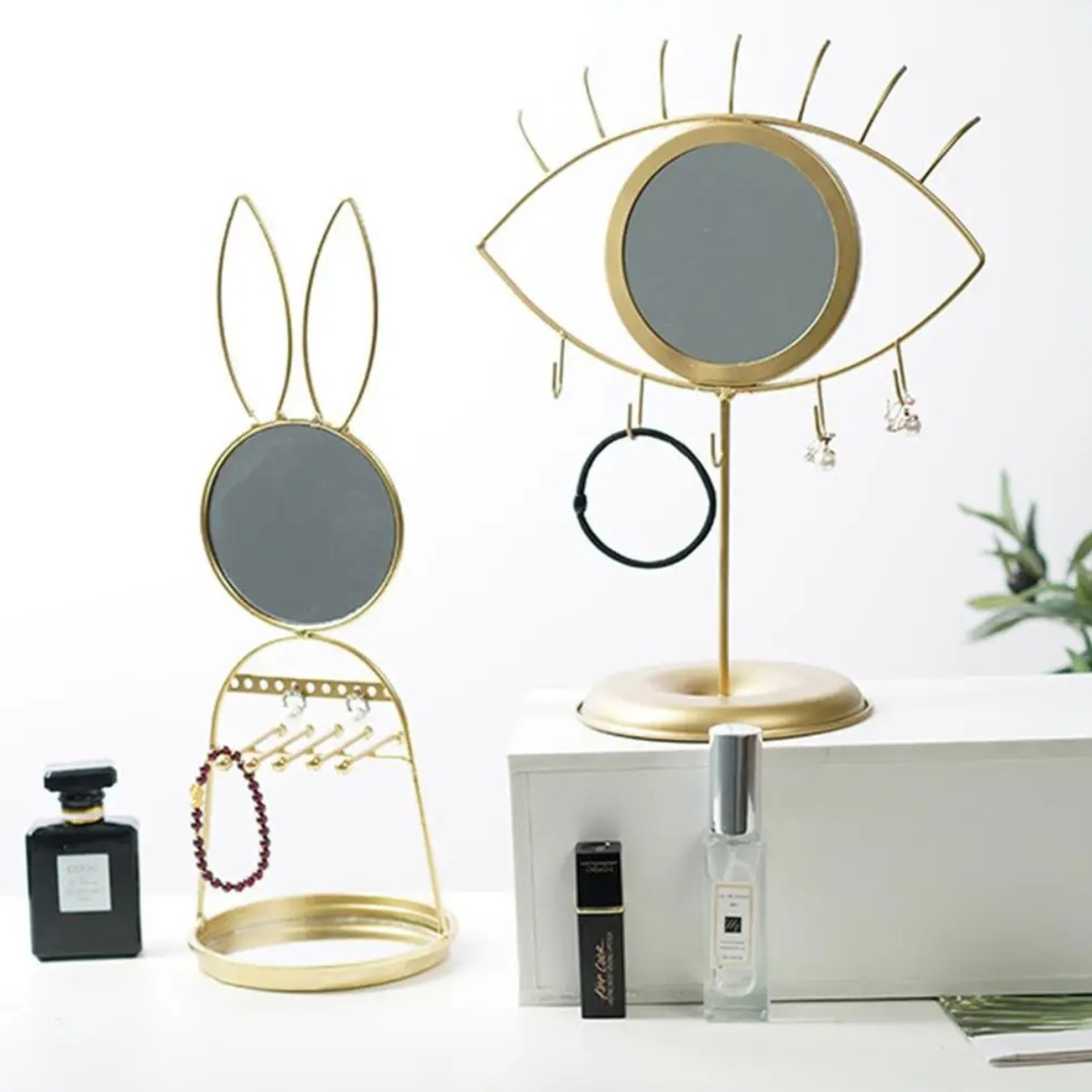Espejo De Conejo Soporte Organizador Joyas Nordico Dorado-6