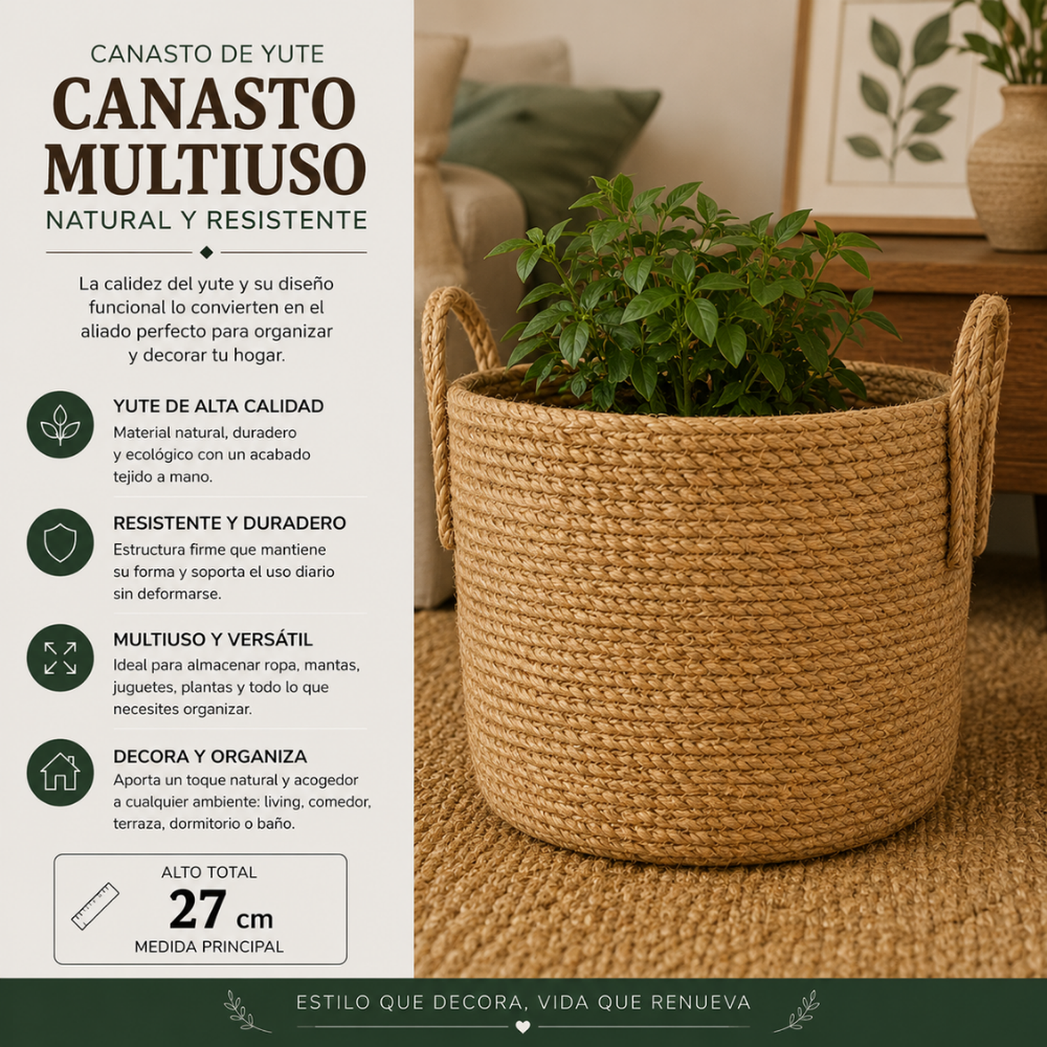 Canasto Cesta de Yute Tejido Estilo Rustico Con Asas L-5