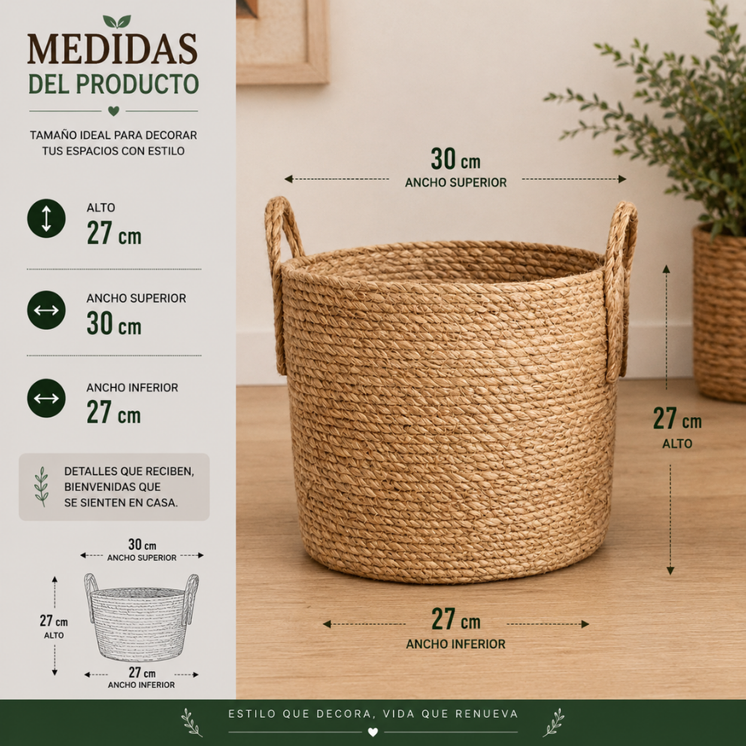 Canasto Cesta de Yute Tejido Estilo Rustico Con Asas L-6