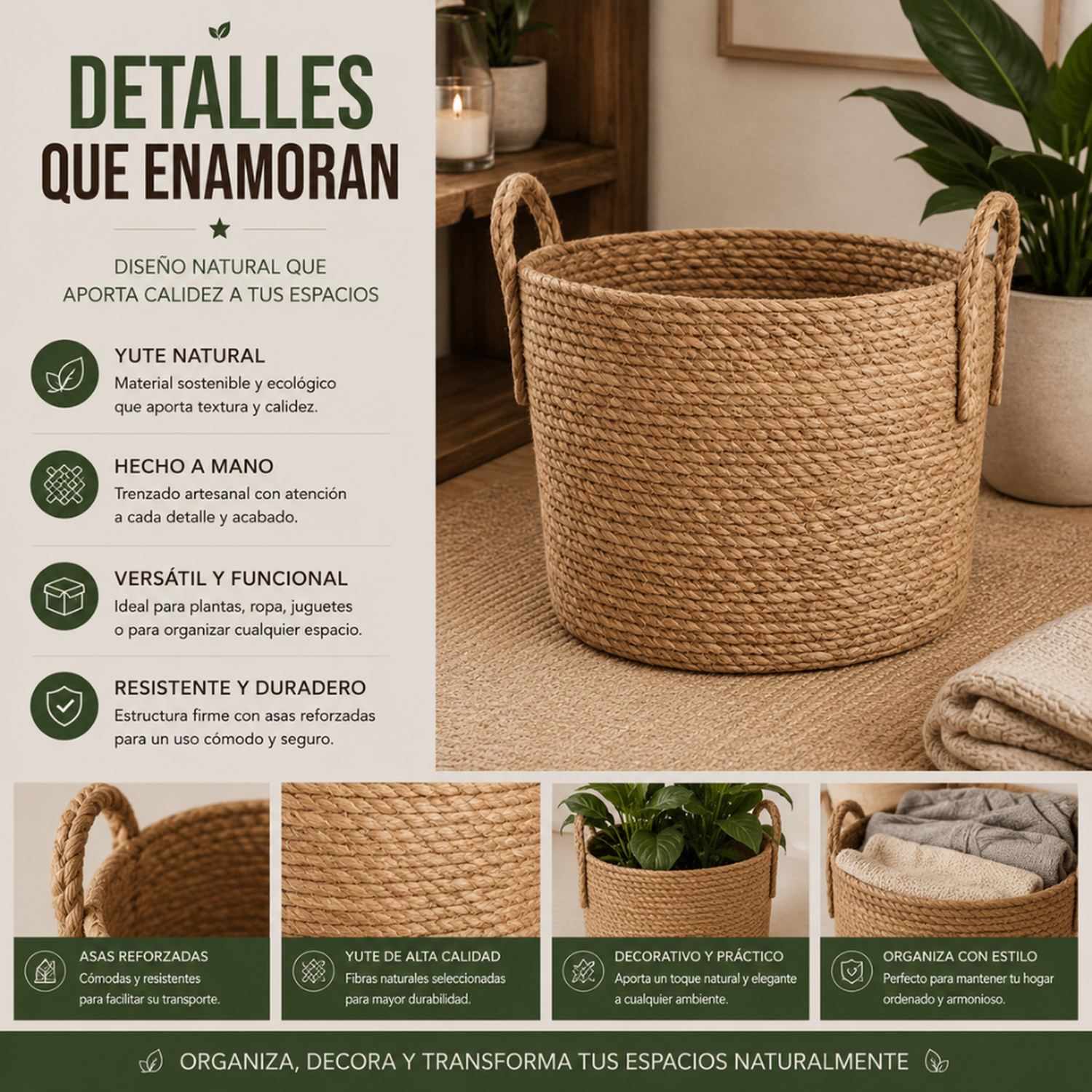 Canasto Cesta de Yute Tejido Estilo Rustico Con Asas L-8