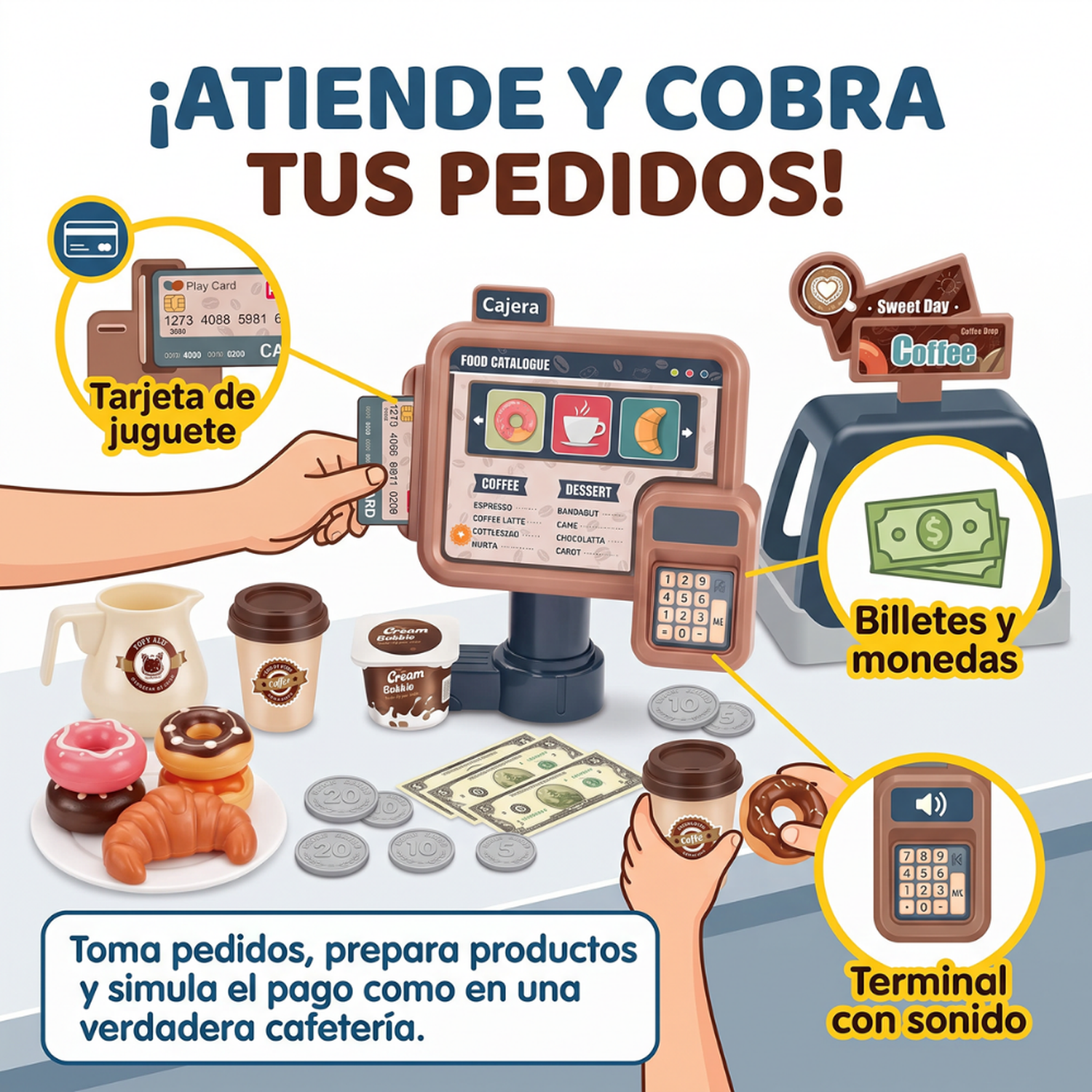 Cafeteria Infantil Con Caja Cafe Y Accesorios Juego De Roles-4