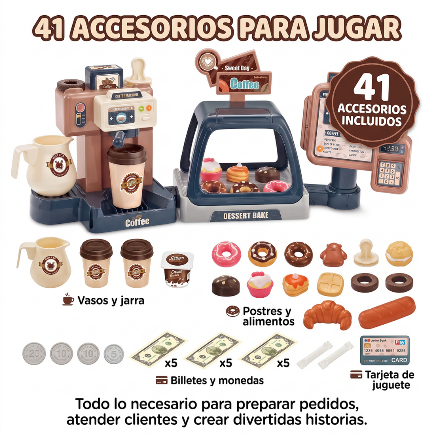 Cafeteria Infantil Con Caja Cafe Y Accesorios Juego De Roles-5