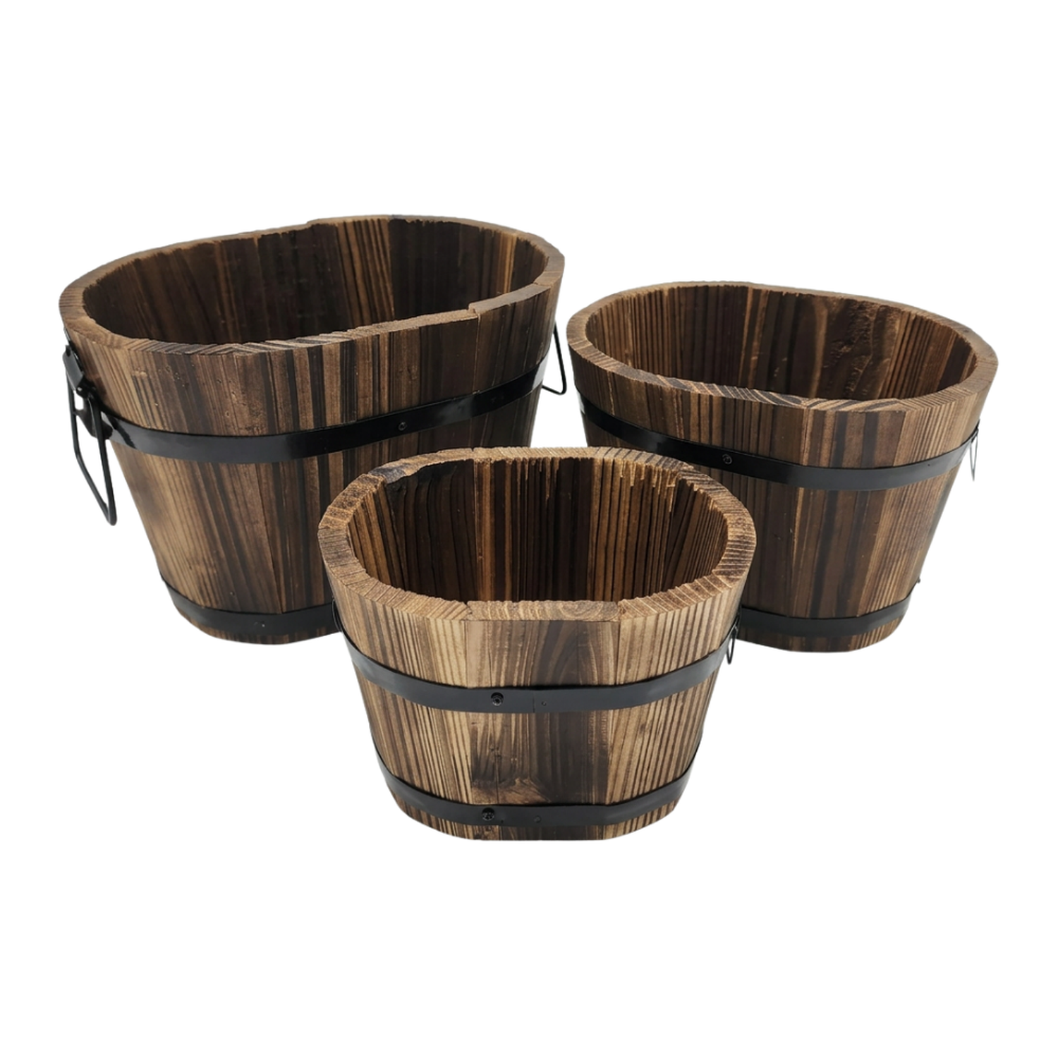 Set 3 Maceteros De Madera Tipo Barril Para Jardín Terraza-0
