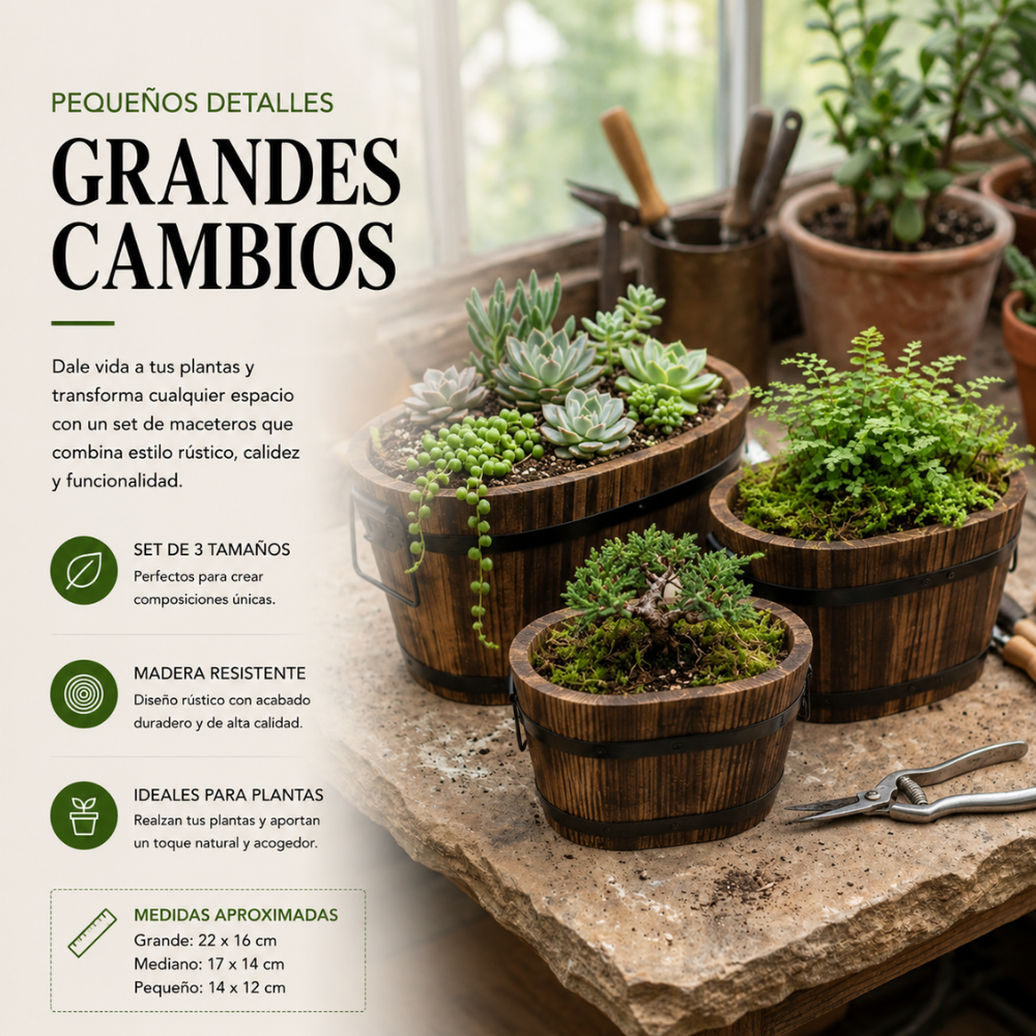 Set 3 Maceteros De Madera Tipo Barril Para Jardín Terraza-3
