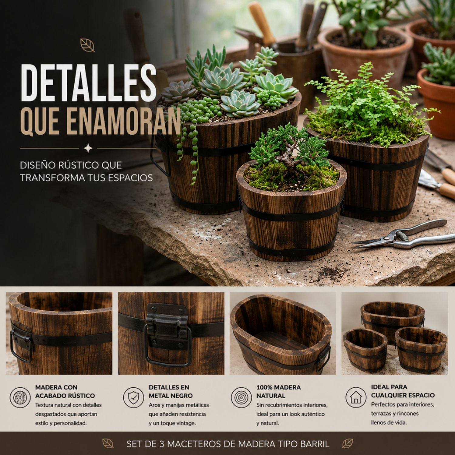 Set 3 Maceteros De Madera Tipo Barril Para Jardín Terraza-4
