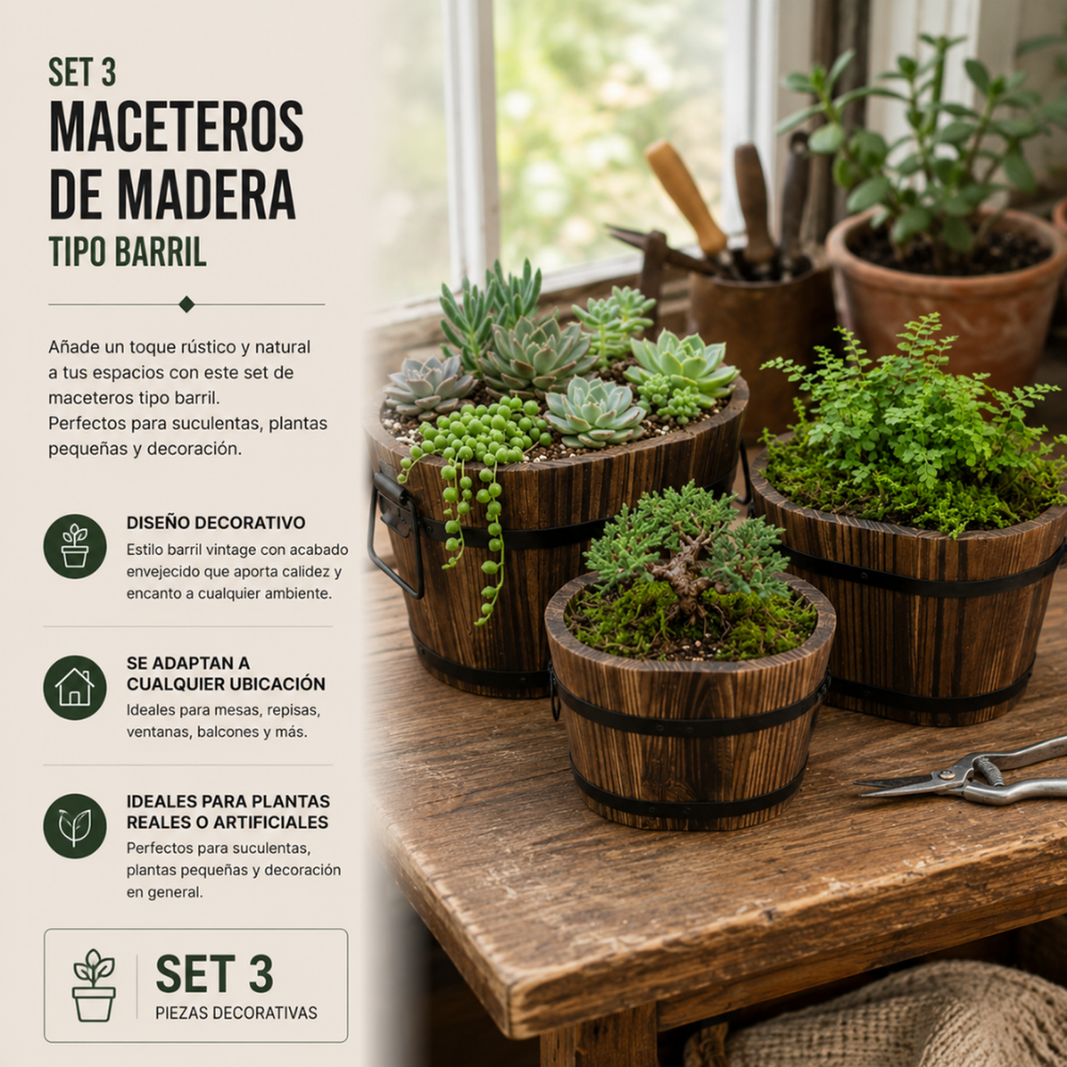 Set 3 Maceteros De Madera Tipo Barril Para Jardín Terraza-5