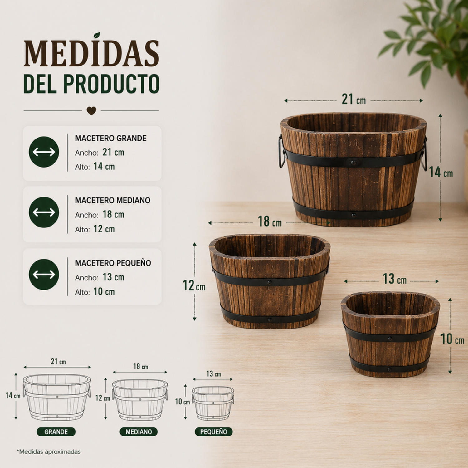Set 3 Maceteros De Madera Tipo Barril Para Jardín Terraza-6
