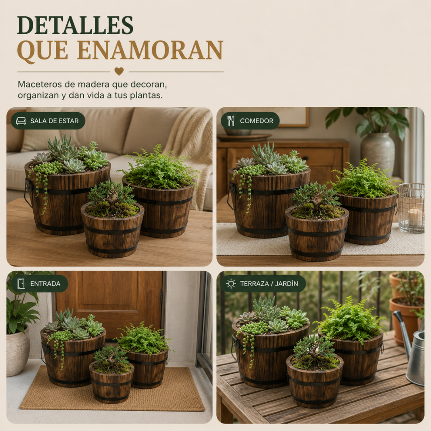 Set 3 Maceteros De Madera Tipo Barril Para Jardín Terraza-7