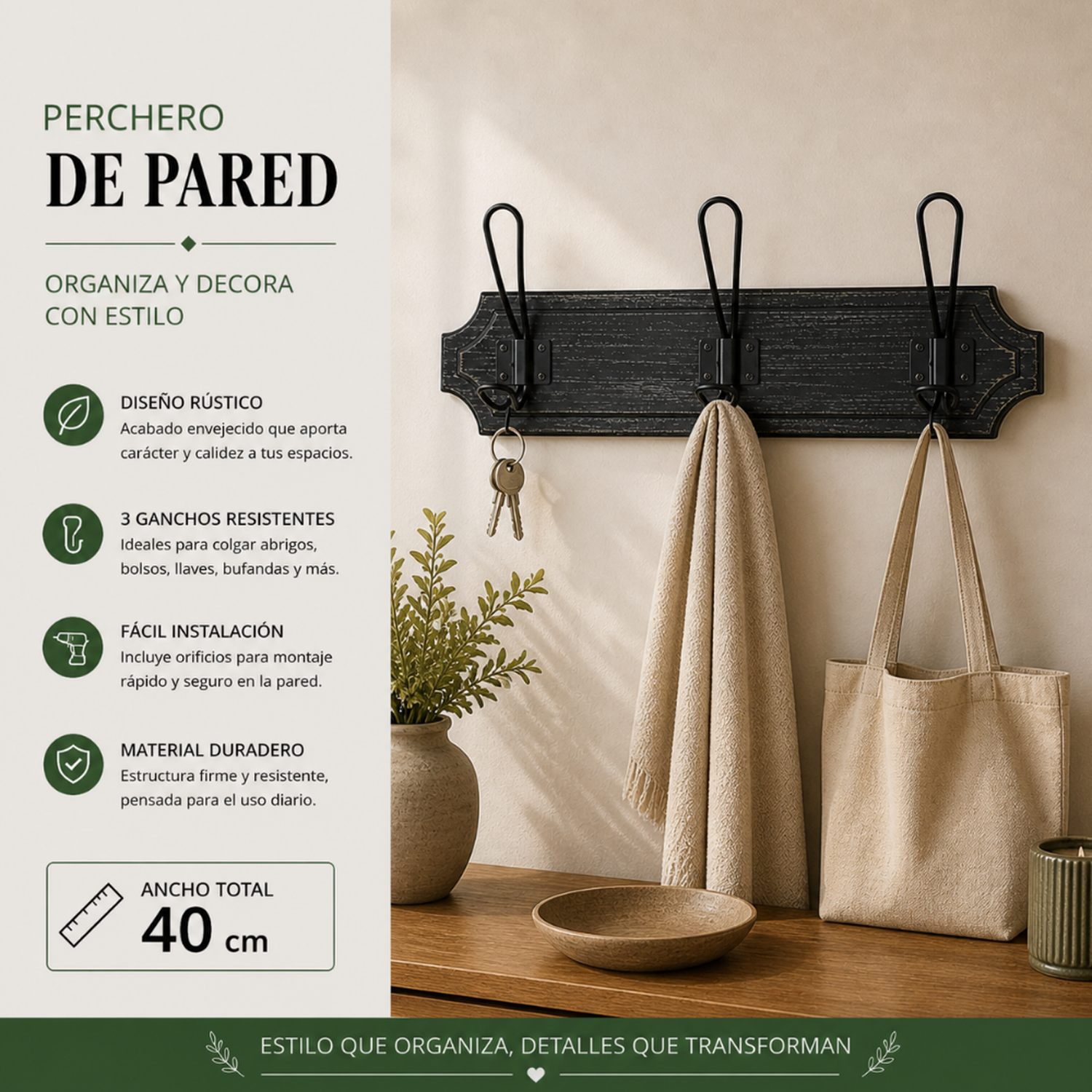 Perchero 3 Ganchos Doble Colgadores De Madera Ropa Negro-3