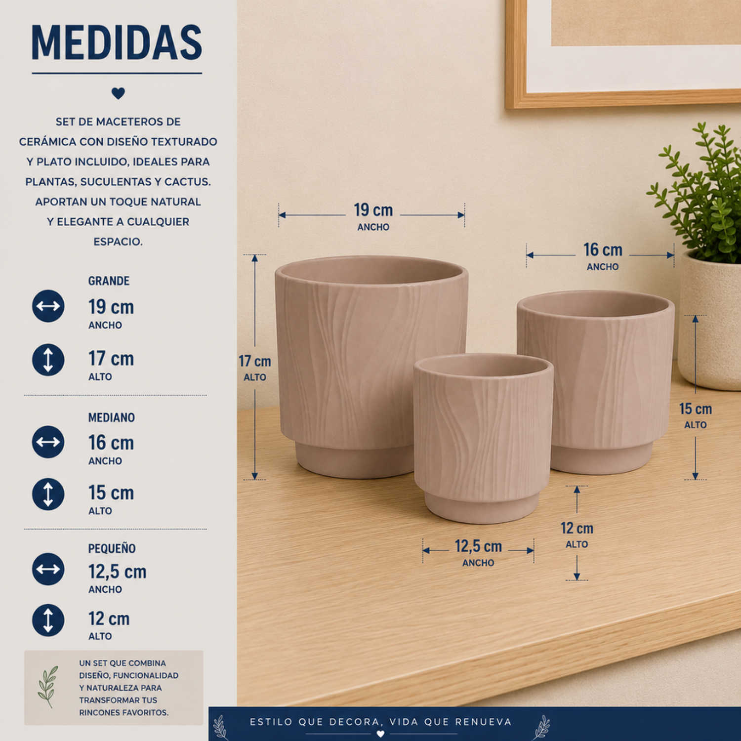 Set 3 Maceteros Maceta De Ceramica Arena Con Lineas-6
