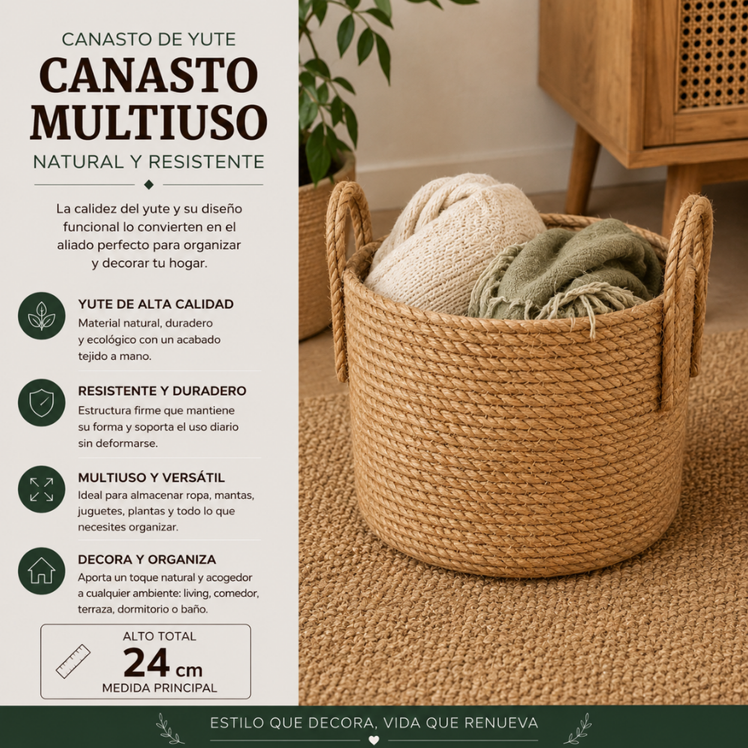 Canasto Cesta de Yute Tejido Estilo Rustico Con Asas S-4
