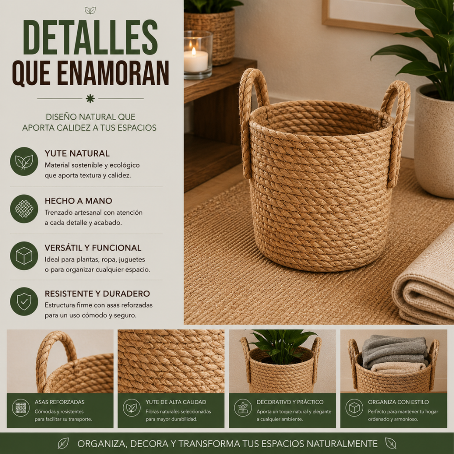 Canasto Cesta de Yute Tejido Estilo Rustico Con Asas S-7
