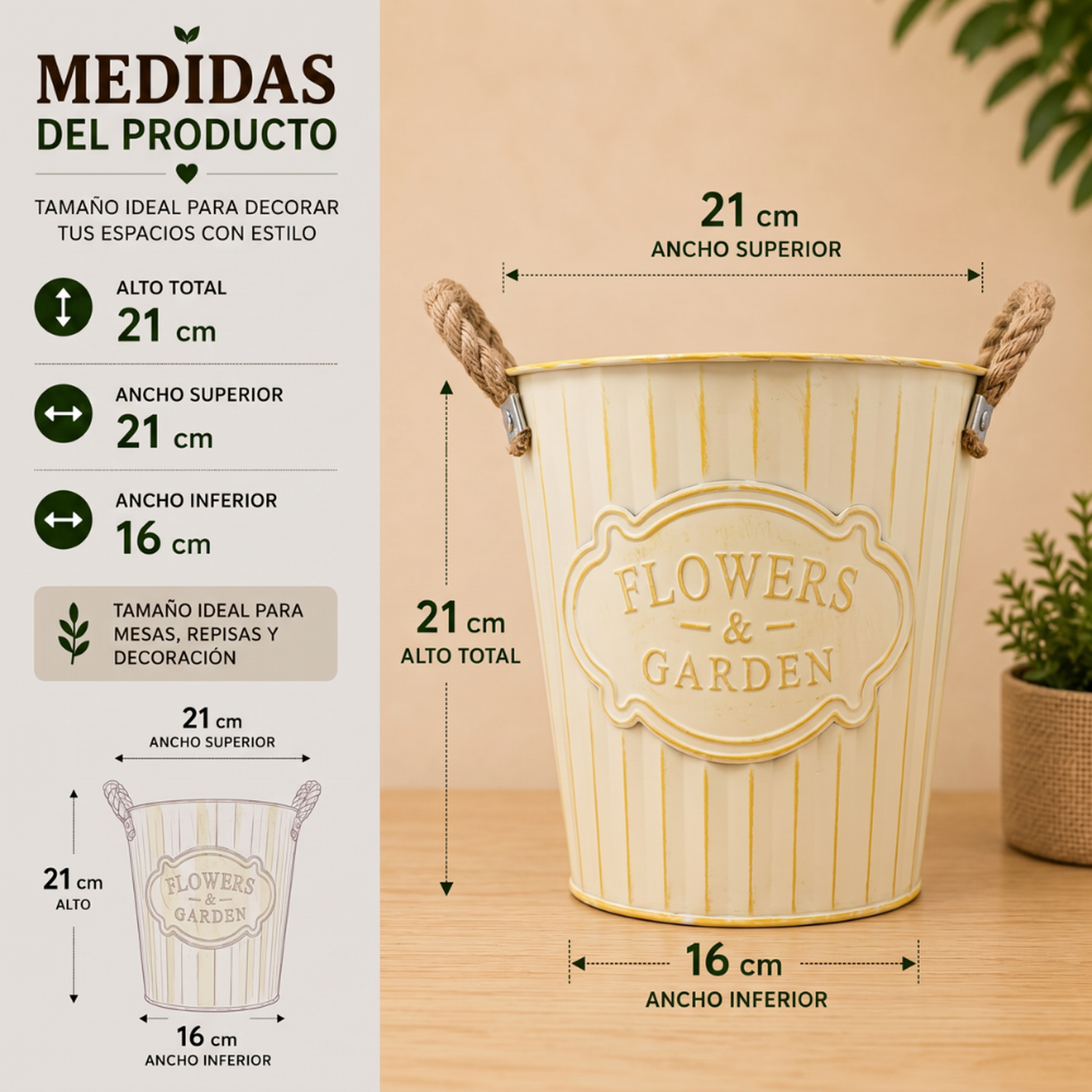 Macetero Metalico Beige Decorativo Con Asas Jardín M-4