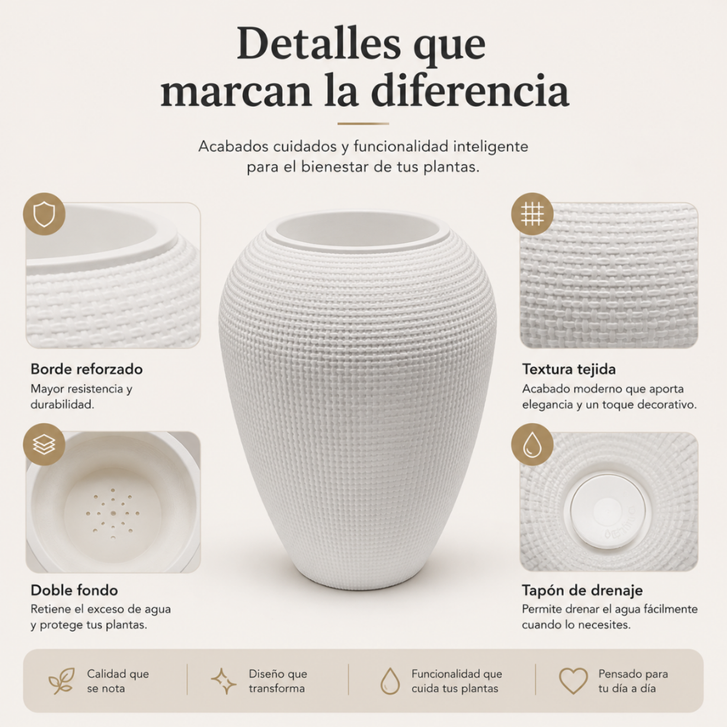 Set 2 Maceteros Plastico Redondo Ovalado Moderno Textura M-4