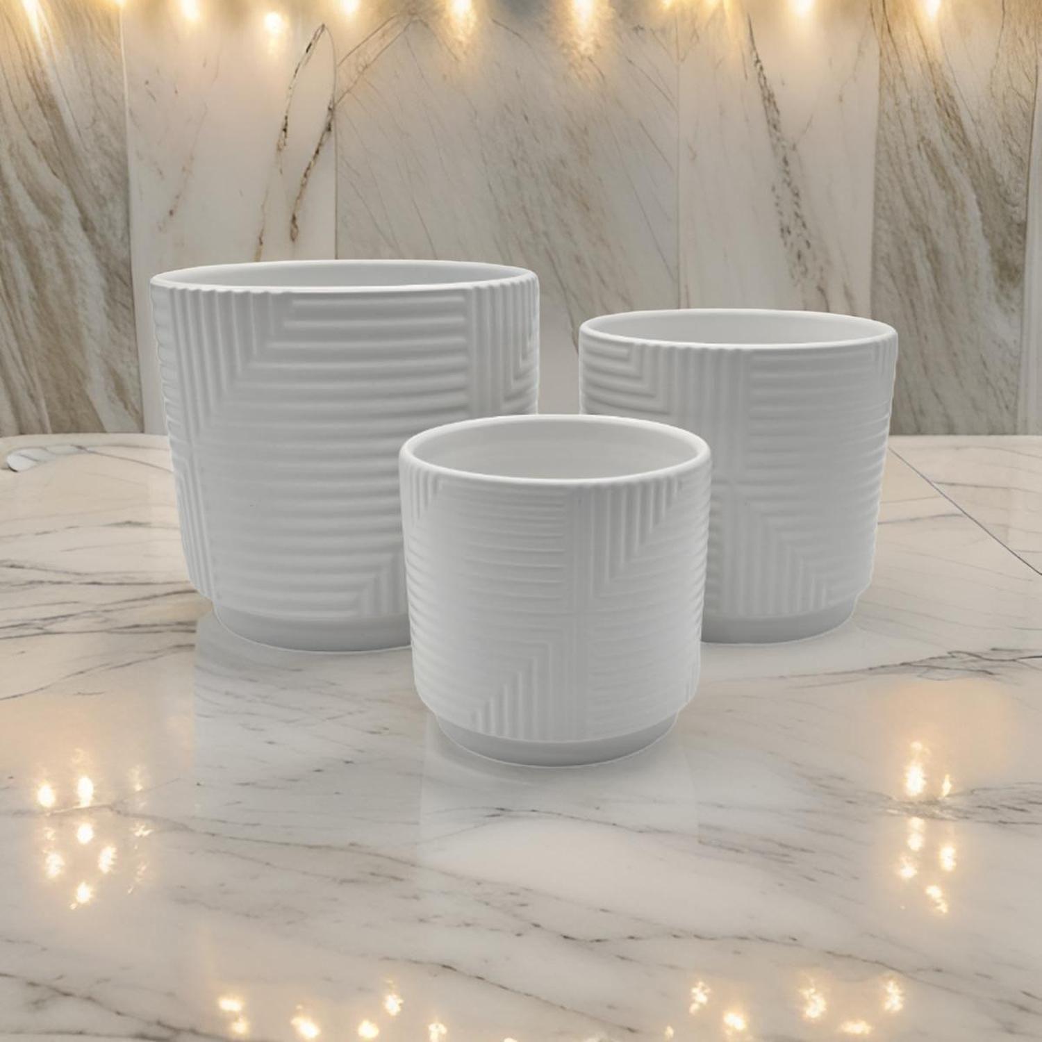 Set 3 Maceteros Maceta De Ceramica Blanco Con Linea Cuadrada-5