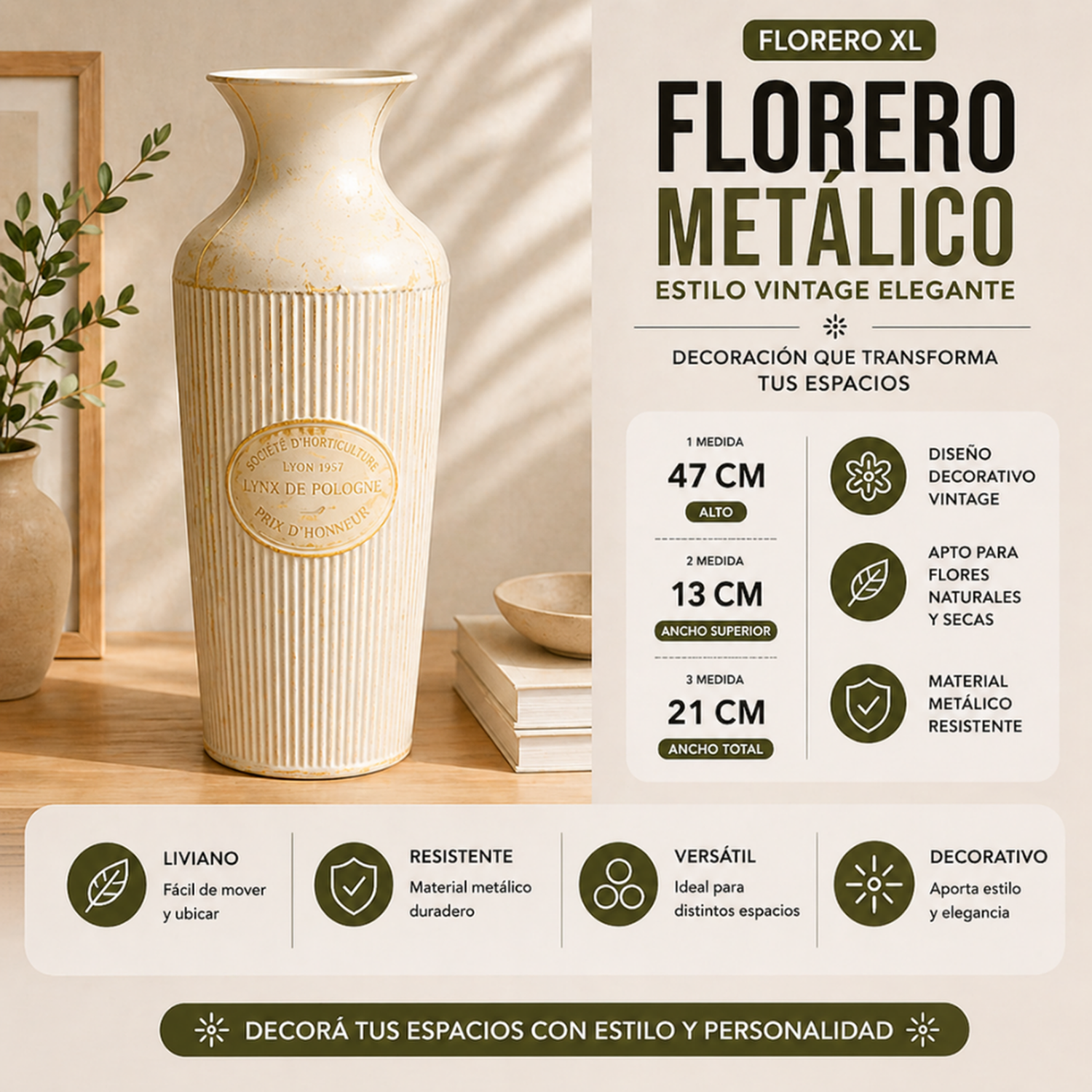 Florero Metalico Decorativo Estilo Vintage Clasico Alto XL-3