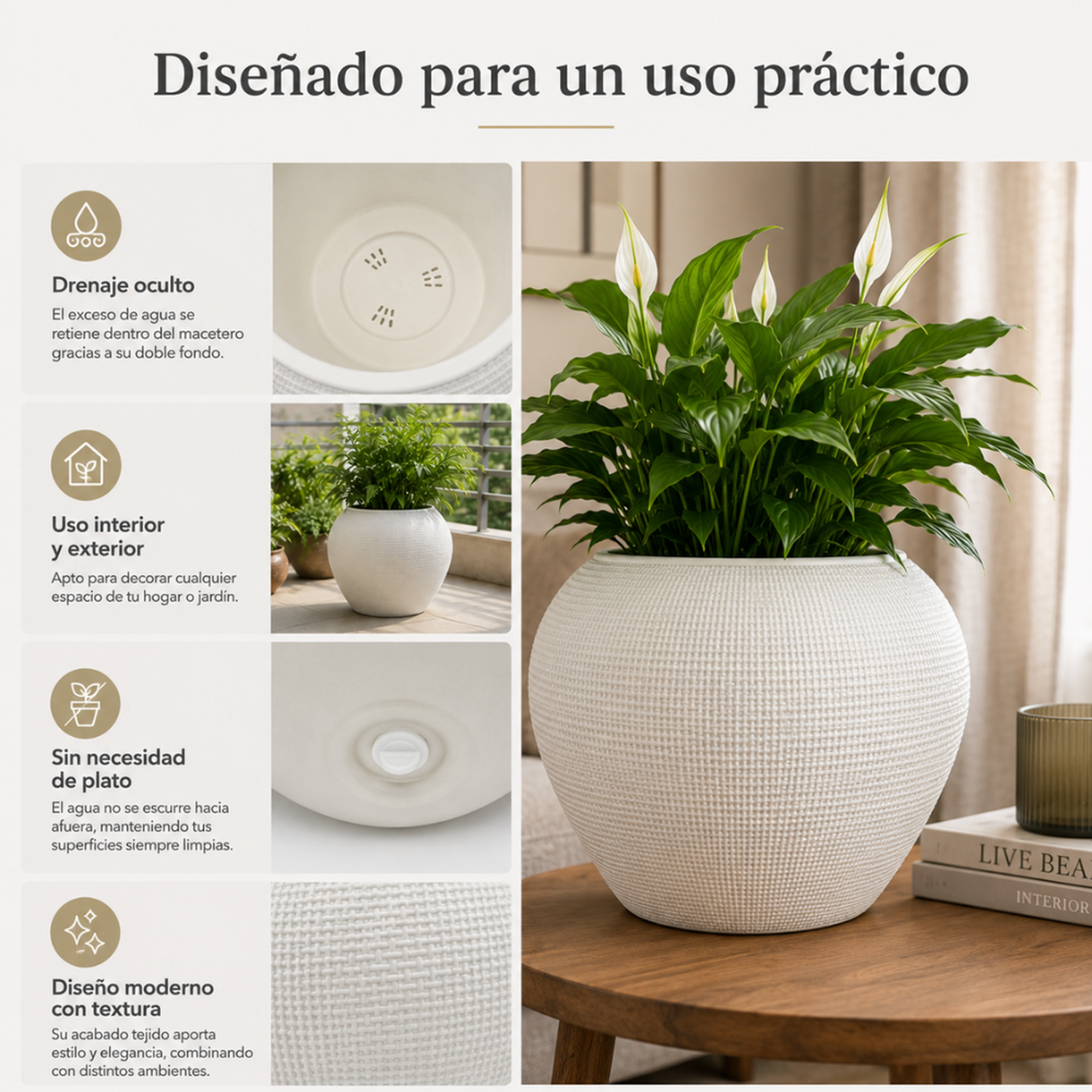 Set 2 Maceteros Plastico Redondo Ovalado Moderno Textura L-3