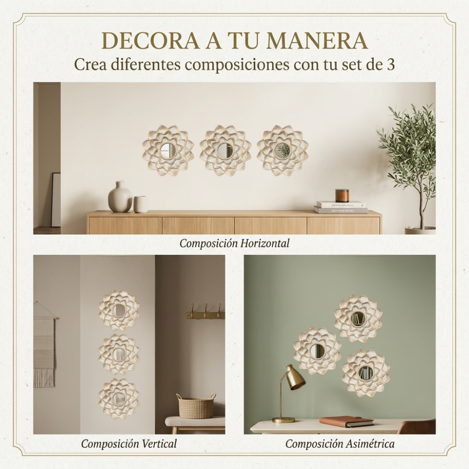 Set 3 Marcos De Espejos Decorativos Flor Para Pared Hogar-4