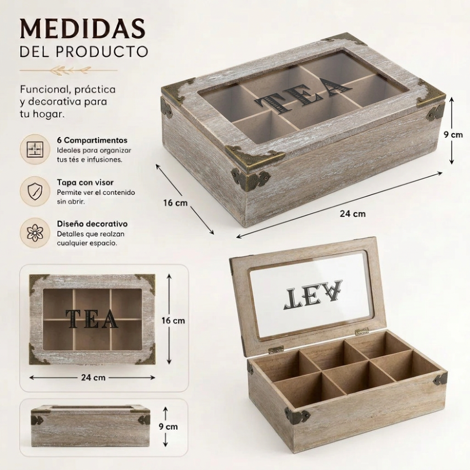 Caja De Te 6 Divisiones Tapa Con Diseño Decorativa Decohogar-5