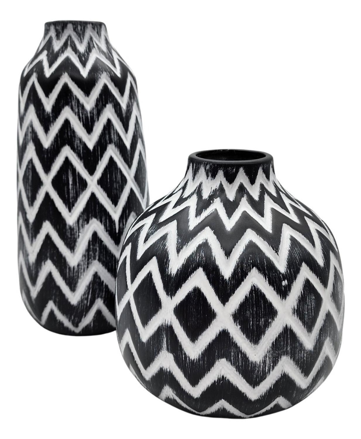 Florero Cerámica Diseño Étnico Zigzag Vintage Blanco Y Negro-3