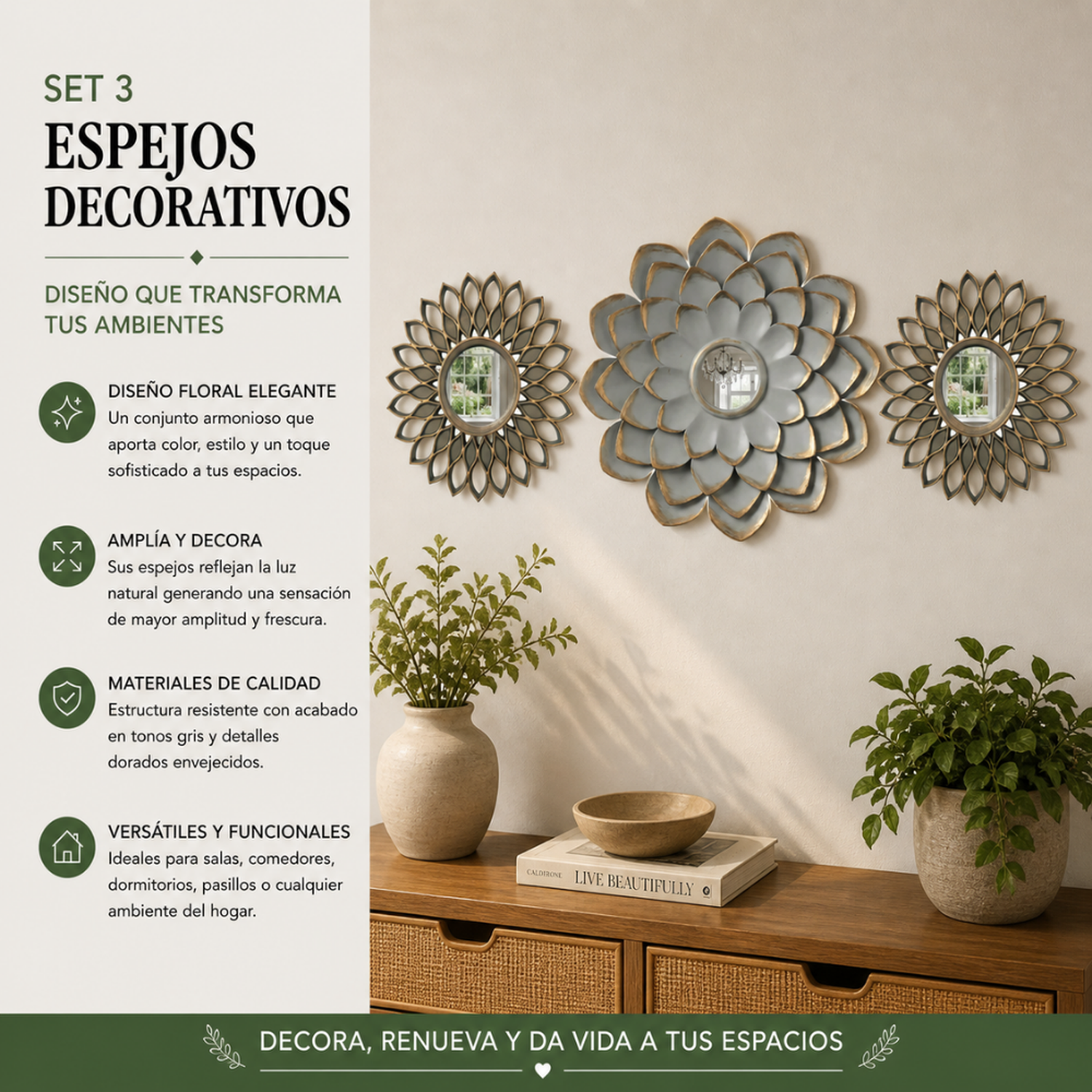 Set 3 Marcos De Espejos Flor De Loto y Diseño Gris Deco-3