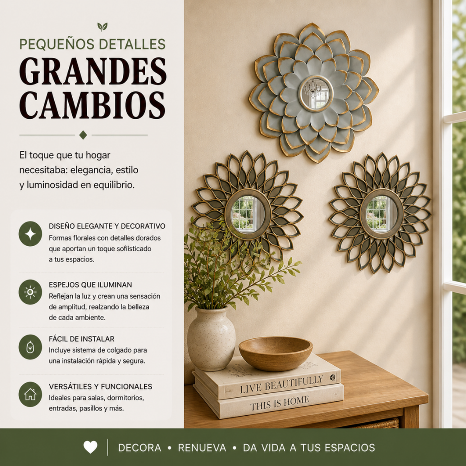 Set 3 Marcos De Espejos Flor De Loto y Diseño Gris Deco-4