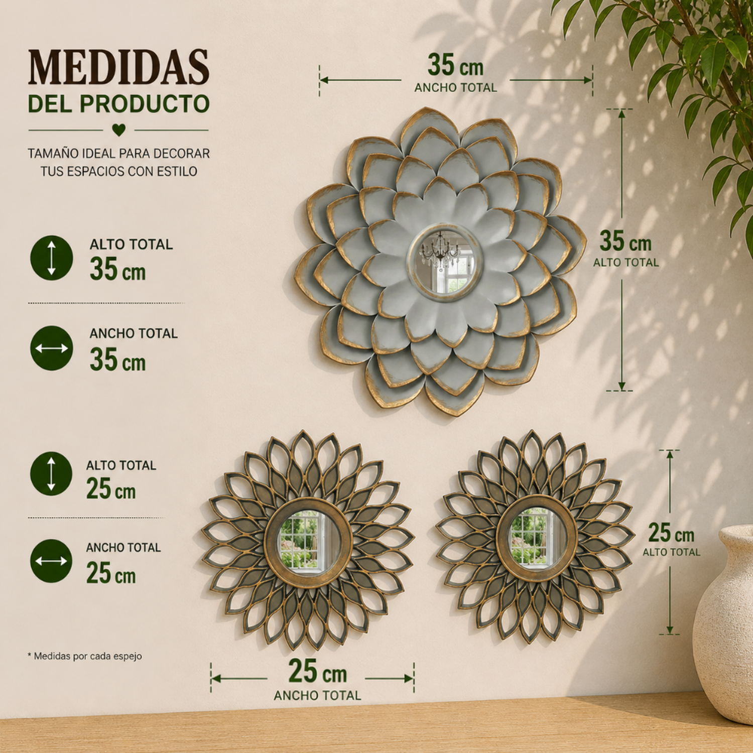 Set 3 Marcos De Espejos Flor De Loto y Diseño Gris Deco-5