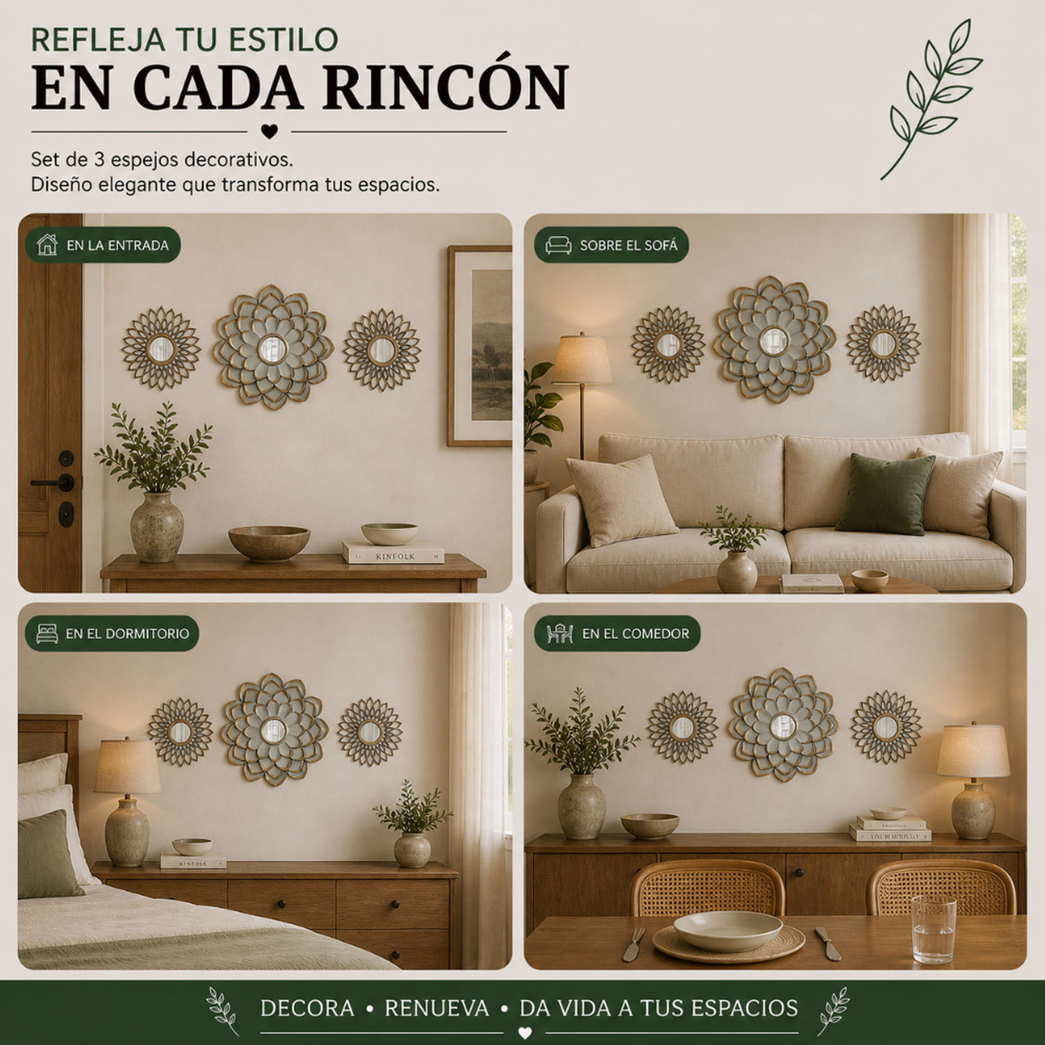 Set 3 Marcos De Espejos Flor De Loto y Diseño Gris Deco-6