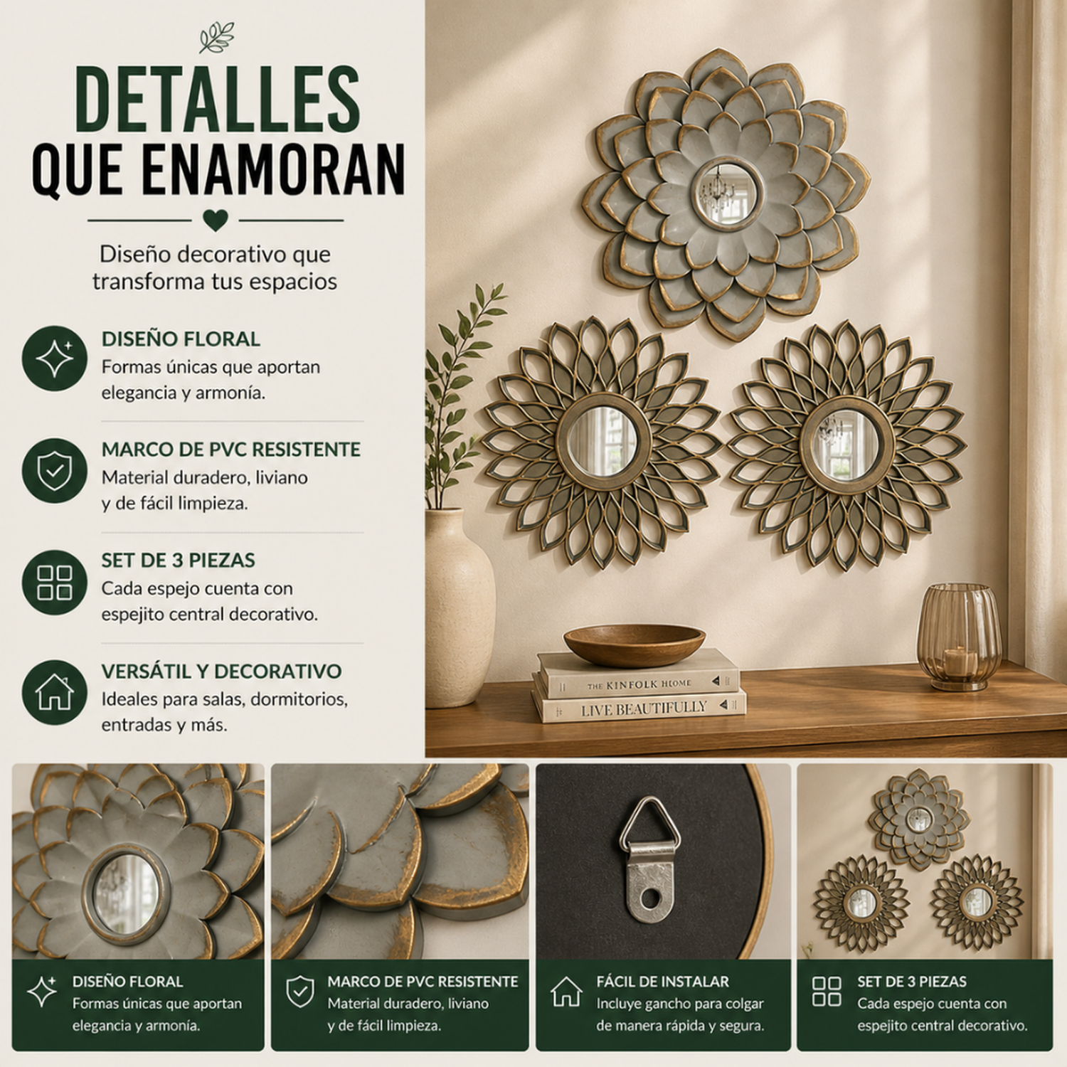 Set 3 Marcos De Espejos Flor De Loto y Diseño Gris Deco-7