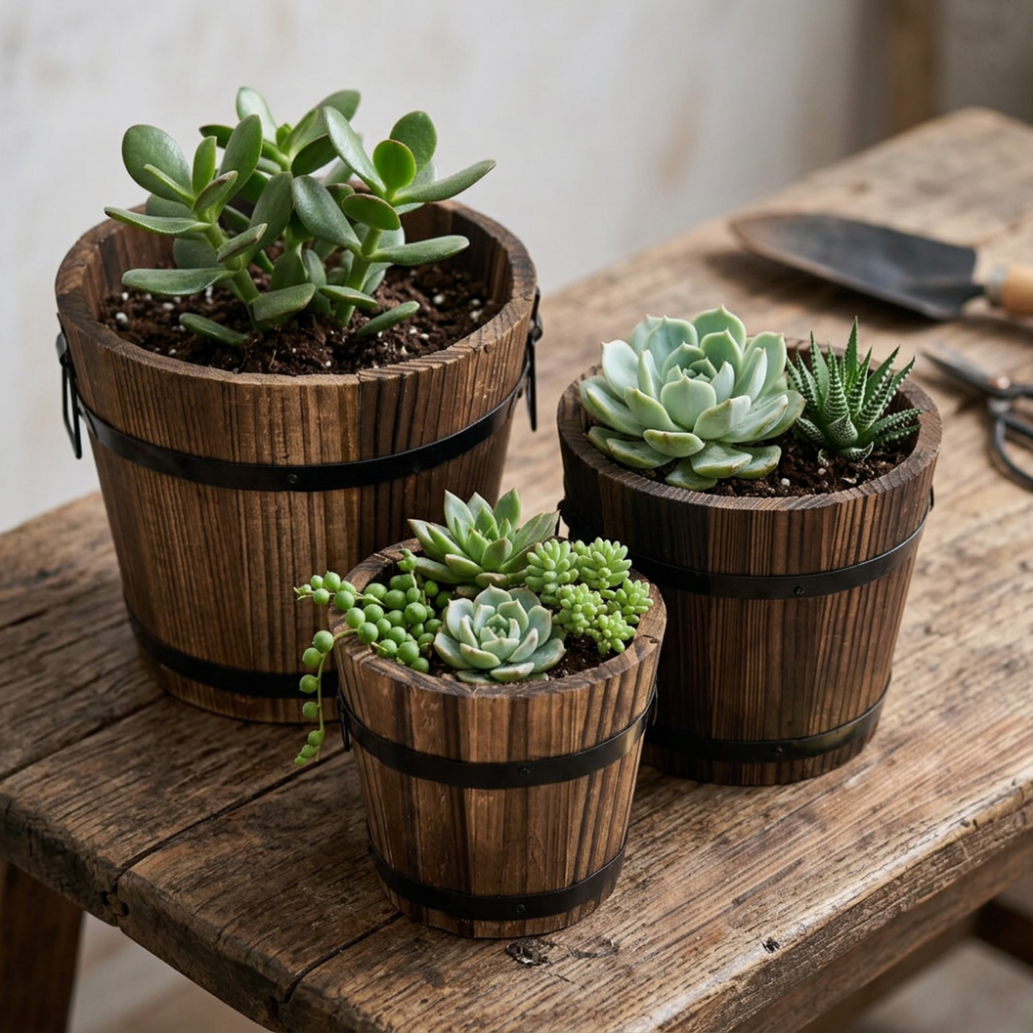 Set 3 Maceteros De Madera Tipo Barril Para Jardín Terrazas-1