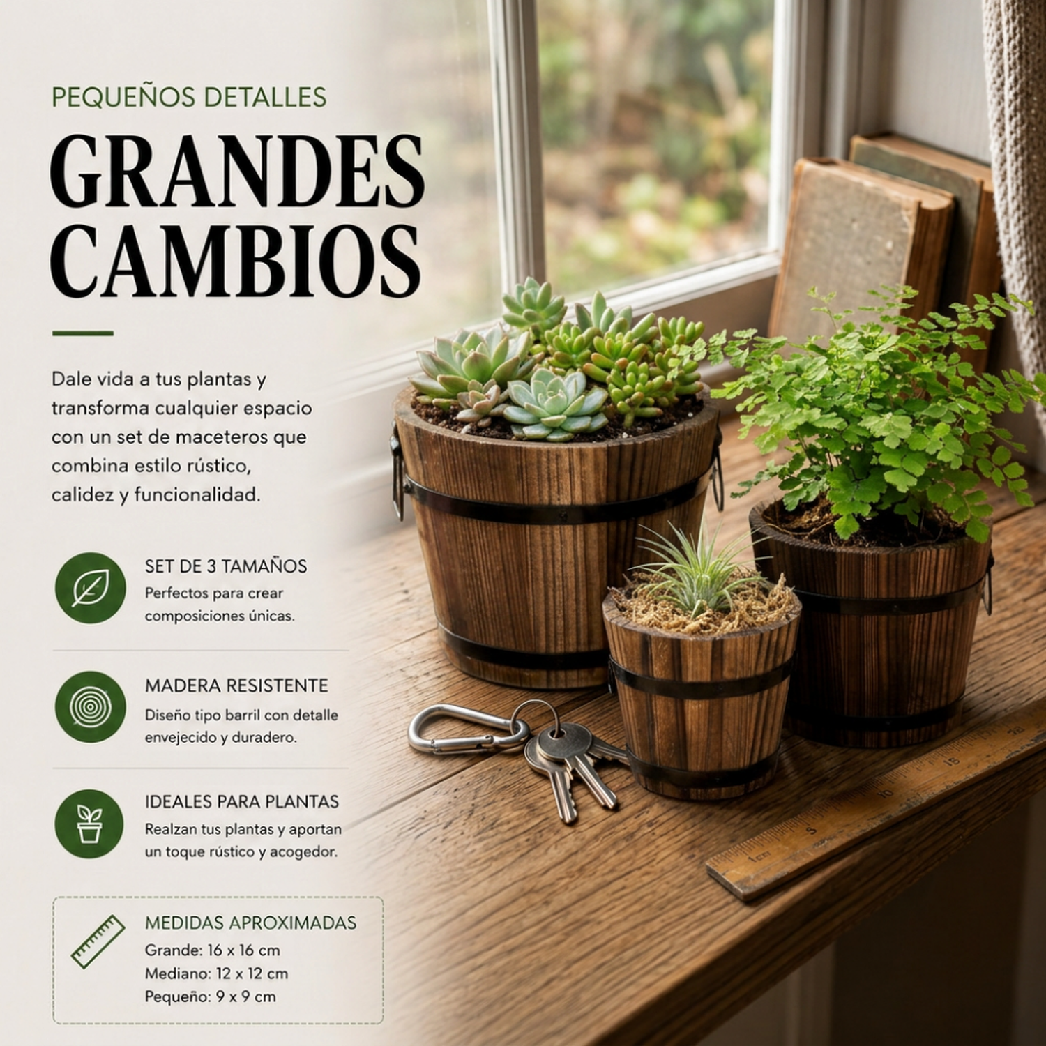 Set 3 Maceteros De Madera Tipo Barril Para Jardín Terrazas-3