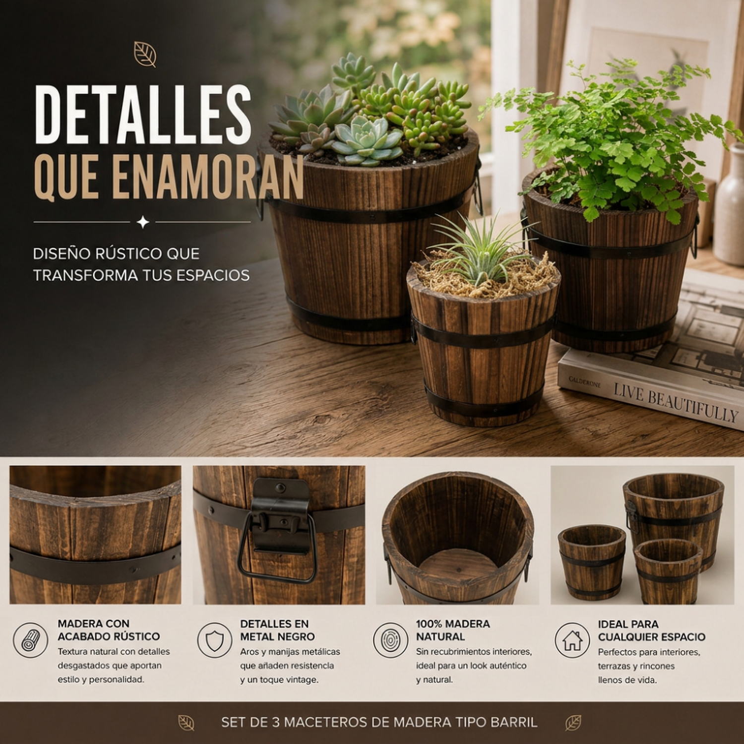 Set 3 Maceteros De Madera Tipo Barril Para Jardín Terrazas-4