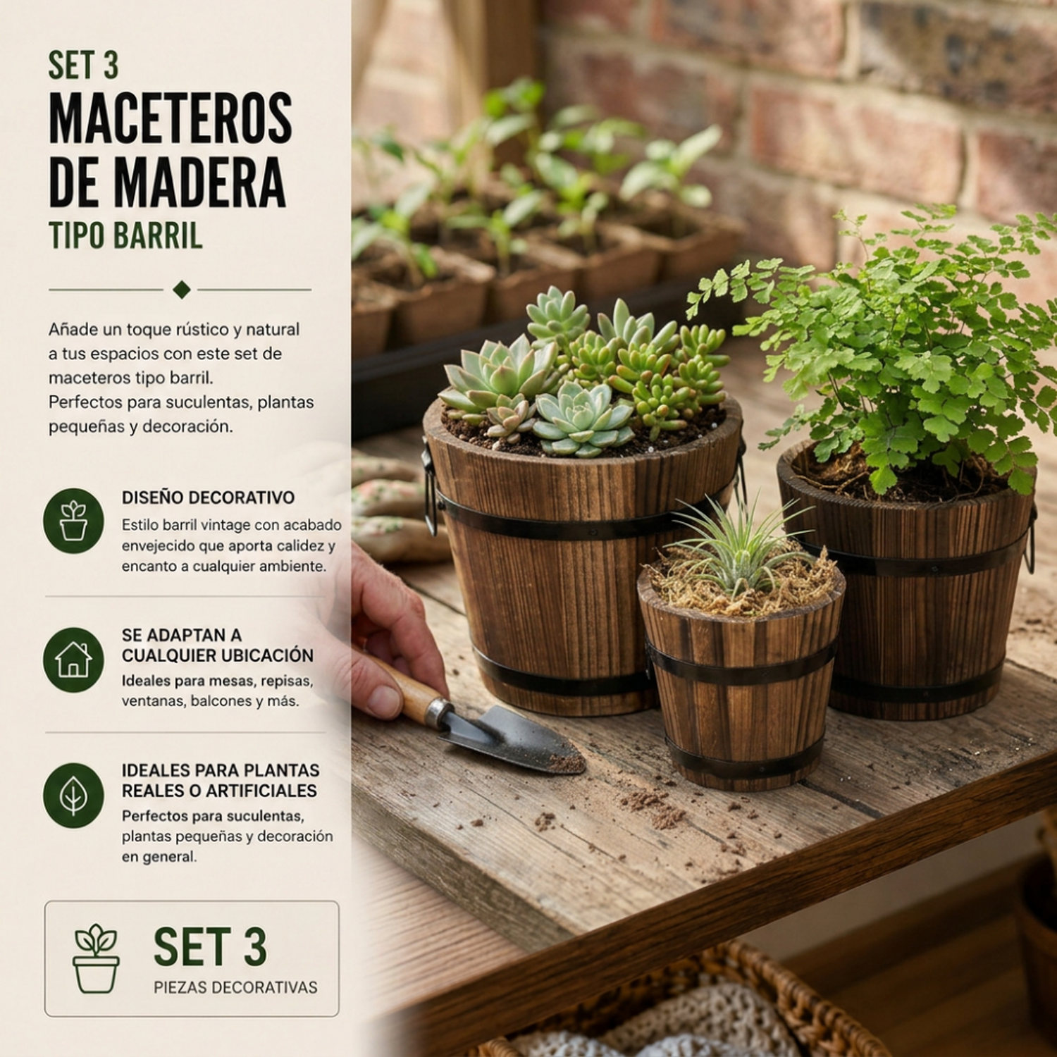Set 3 Maceteros De Madera Tipo Barril Para Jardín Terrazas-5