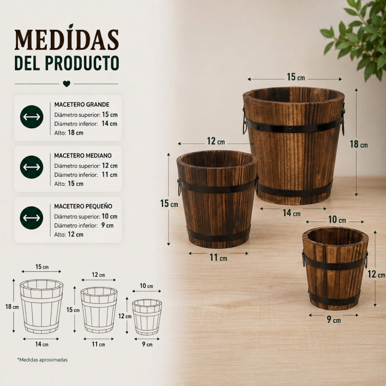 Set 3 Maceteros De Madera Tipo Barril Para Jardín Terrazas-6