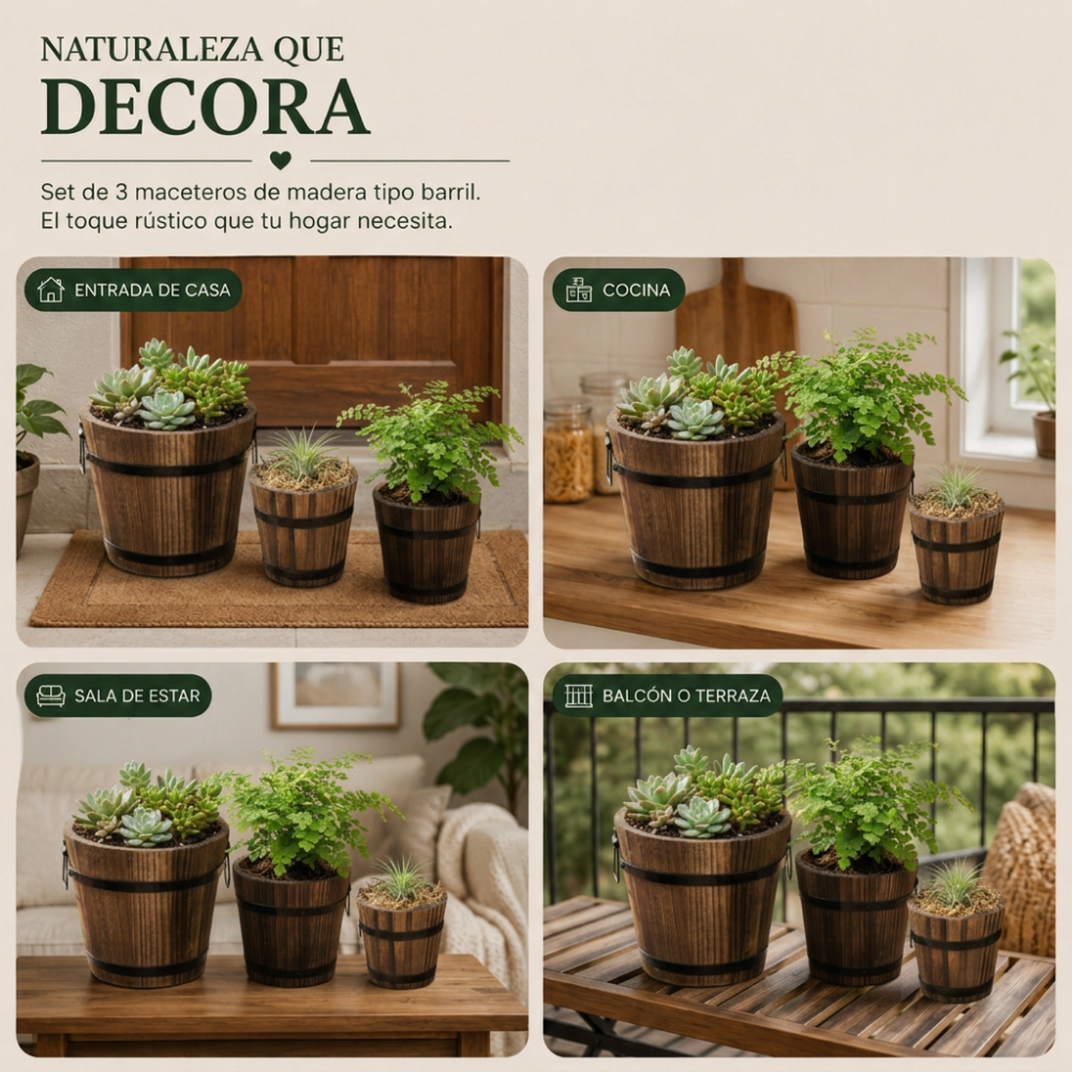 Set 3 Maceteros De Madera Tipo Barril Para Jardín Terrazas-7