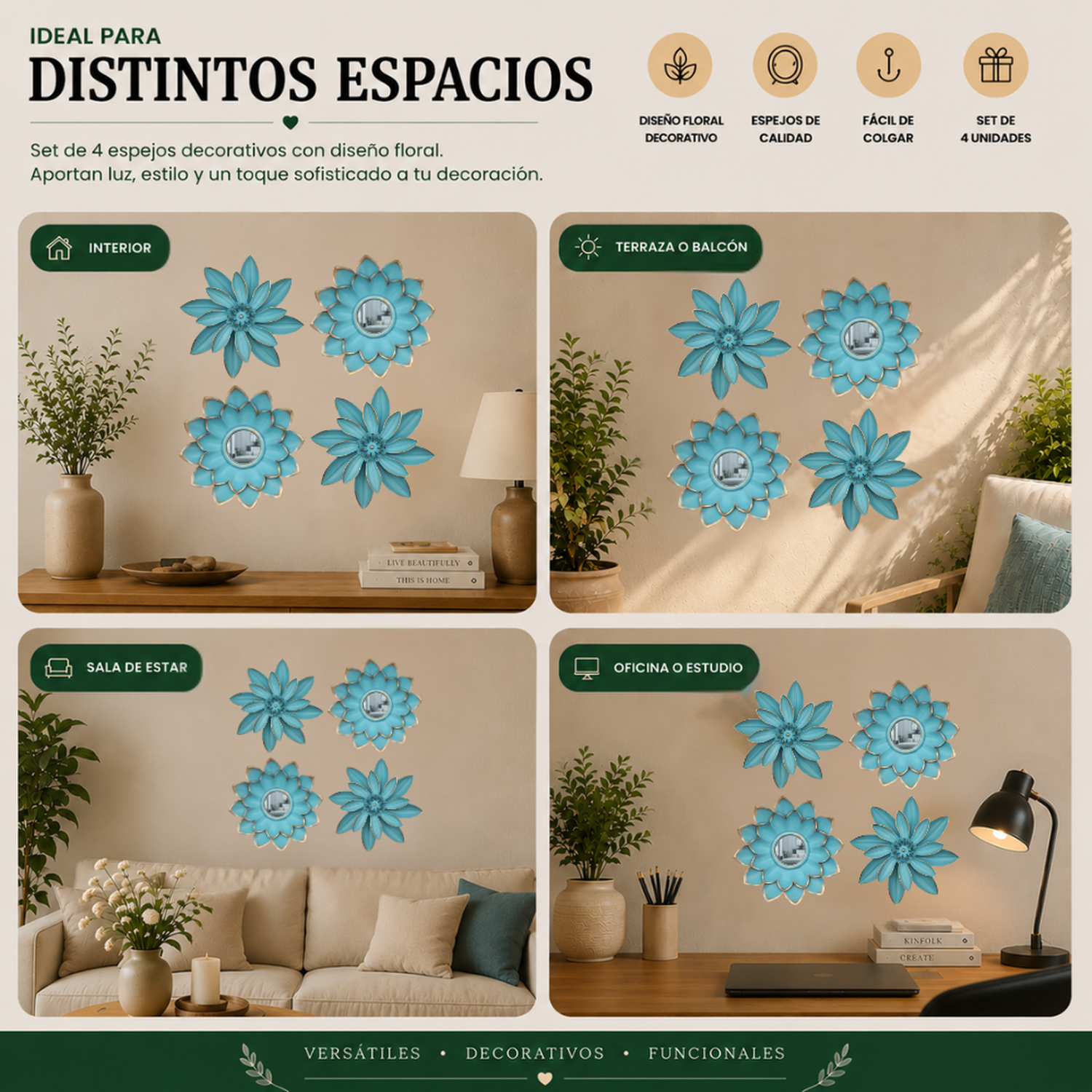 Set 4 Marcos De Espejos Flor De Loto Decorativo Calipso Deco-5