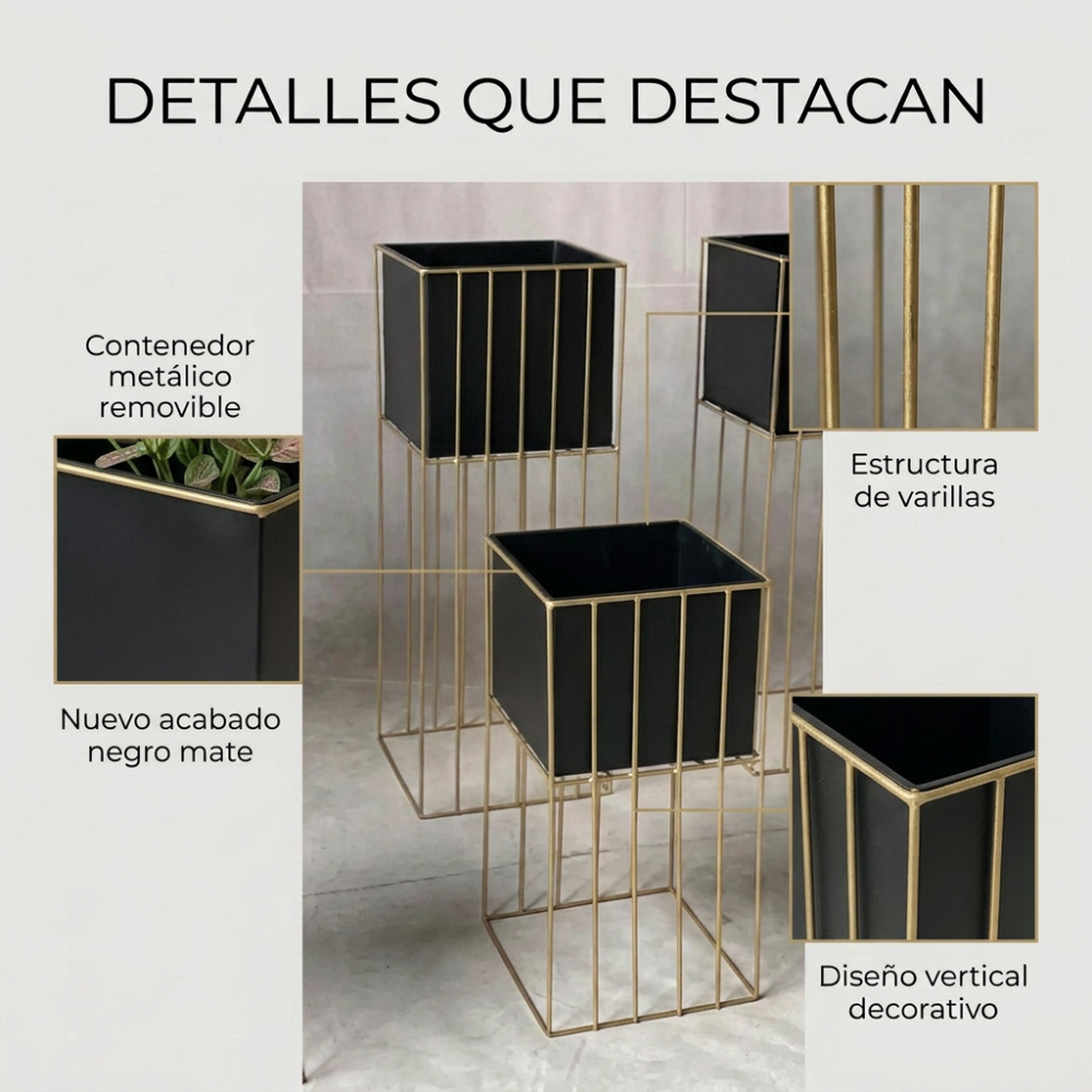 Set 2 Porta Macetero Pedestal Maceta Plantas Negro Dorado-5