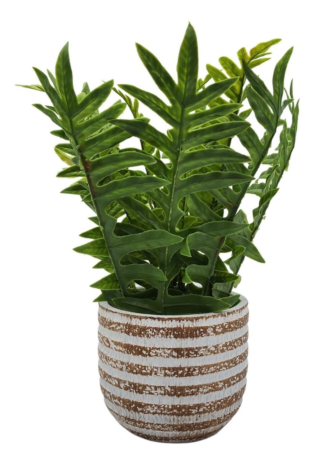 Planta Artificial Tropical Macetero Ceramica Lineas Blancas-2