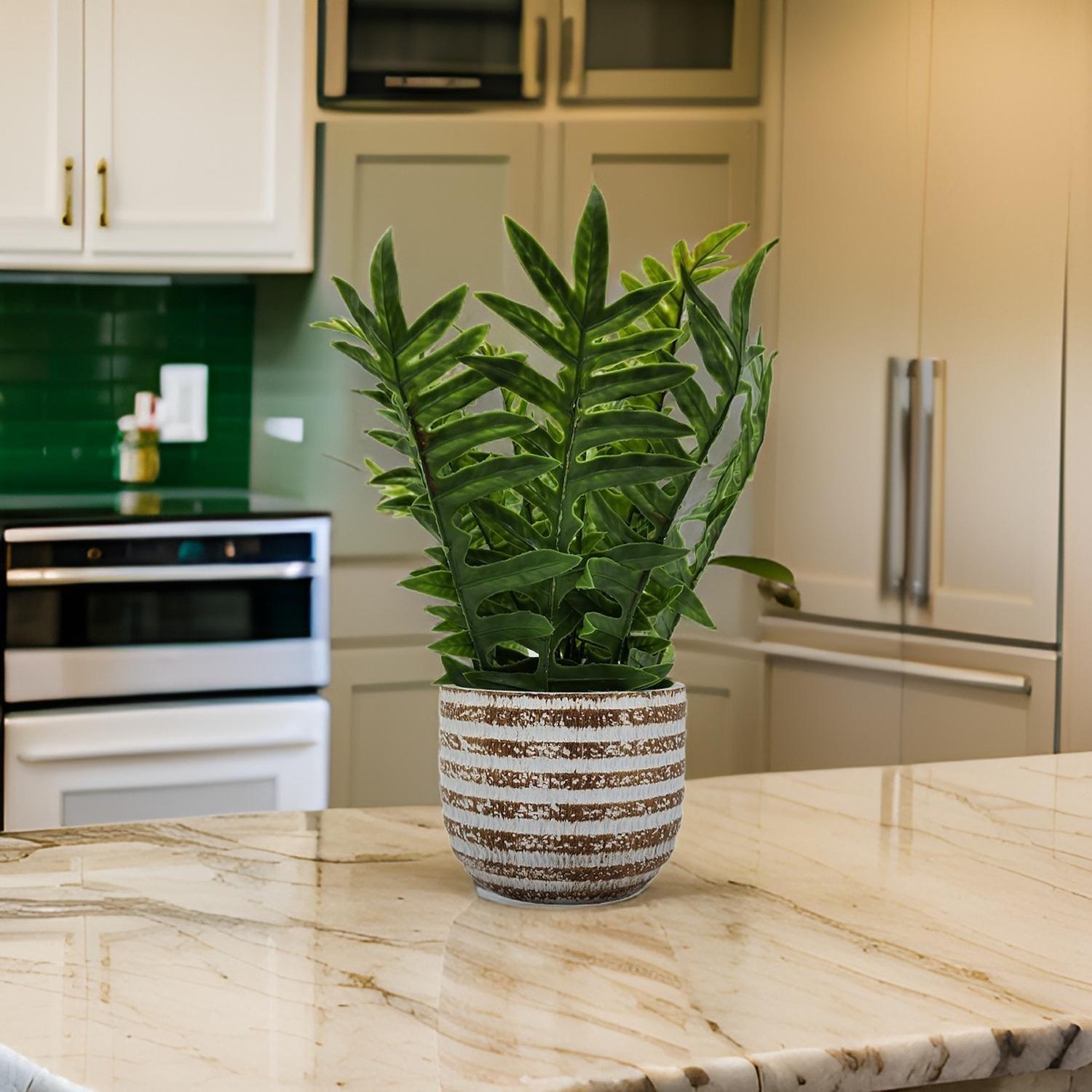 Planta Artificial Tropical Macetero Ceramica Lineas Blancas-4